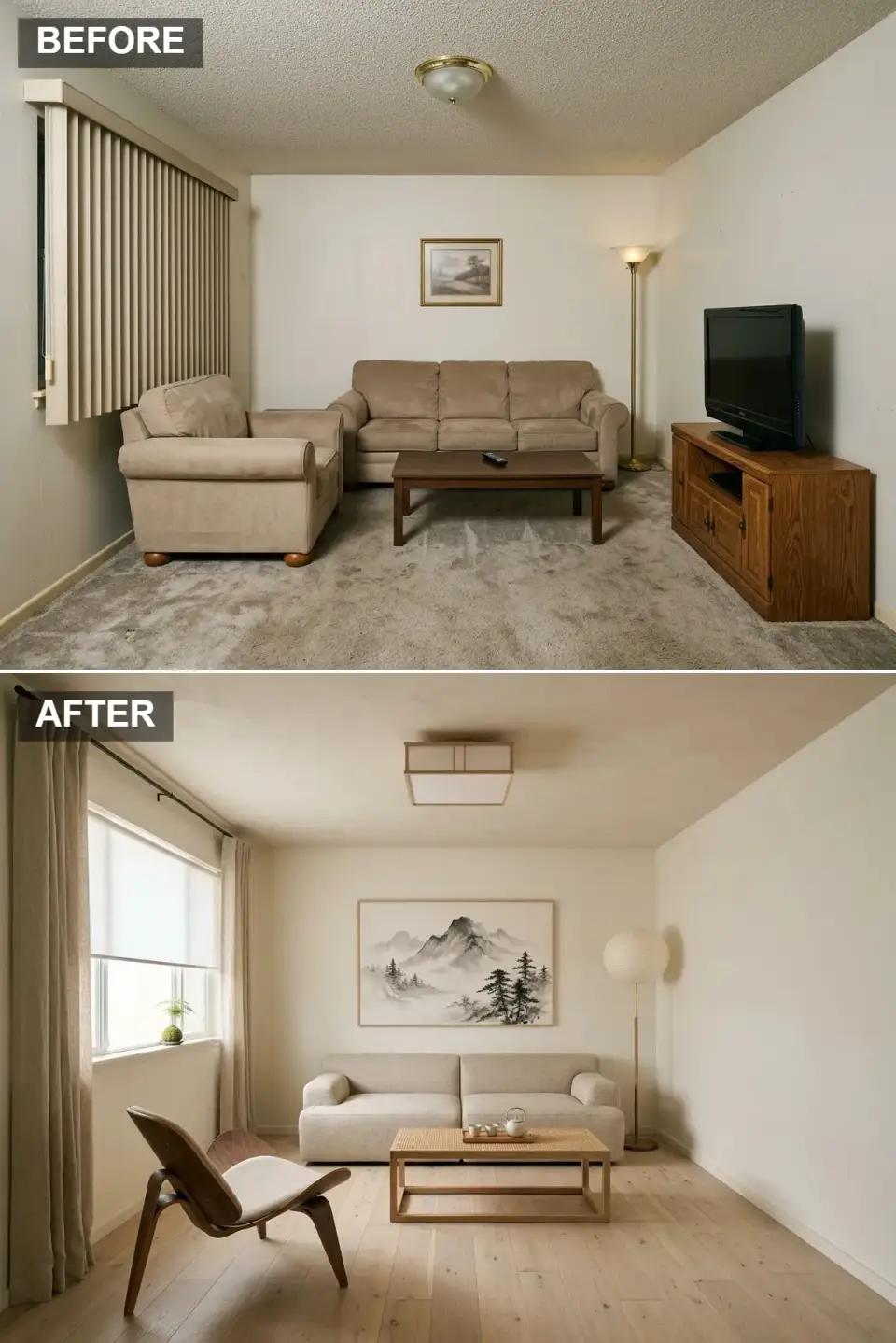 Japandi living room makeover with pale ash floors, oatmeal sofa, walnut shell chair, and sumi-e art