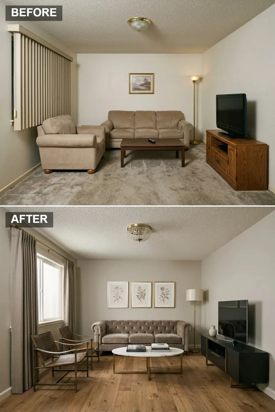 Transitional living room before and after with taupe velvet Chesterfield, leather safari chairs, and botanical print trio