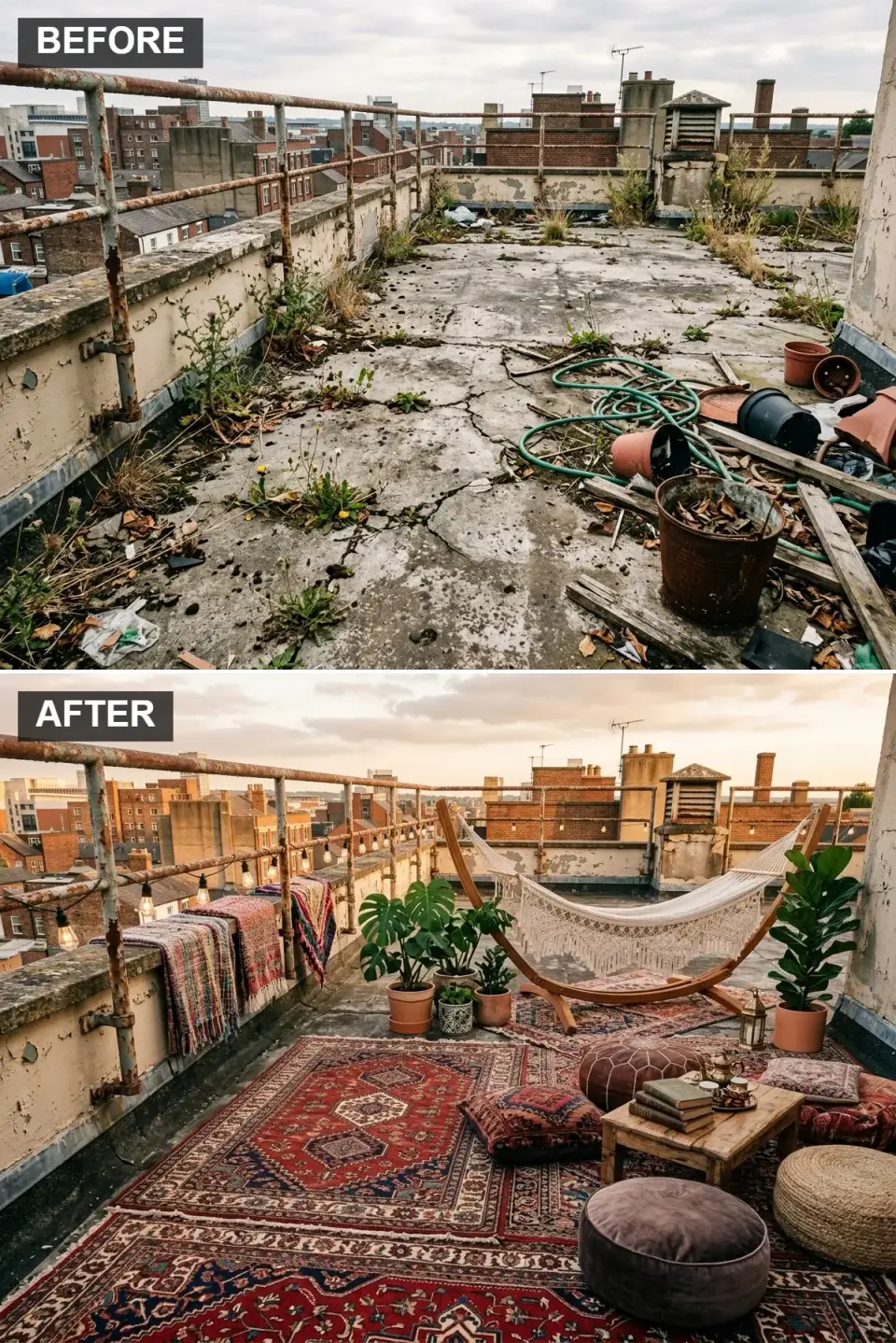 Bohemian rooftop lounge with layered vintage Persian rugs in deep crimson and indigo over pedestal-set porcelain pavers, macramé hammock on custom steel frame, low teak coffee table, leather poufs, cafe string lights on the rusted parapet railing, clustered terracotta pots with fiddle leaf fig and trailing vines