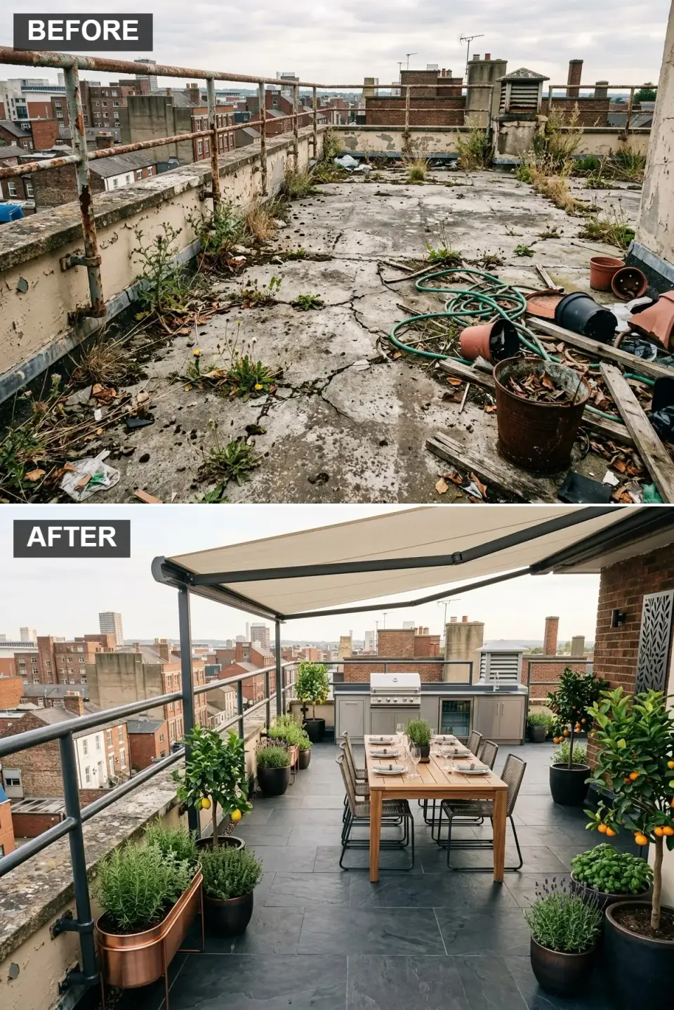 Chic rooftop outdoor kitchen with 24x24 dark slate porcelain pavers, full stainless steel outdoor kitchen with built-in Lynx grill, sink, and 24 inch refrigerator, 96 inch teak trestle dining table with mesh-back modern aluminum chairs under a Shade FX retractable canvas awning, Meyer lemon and bay laurel topiaries in planters