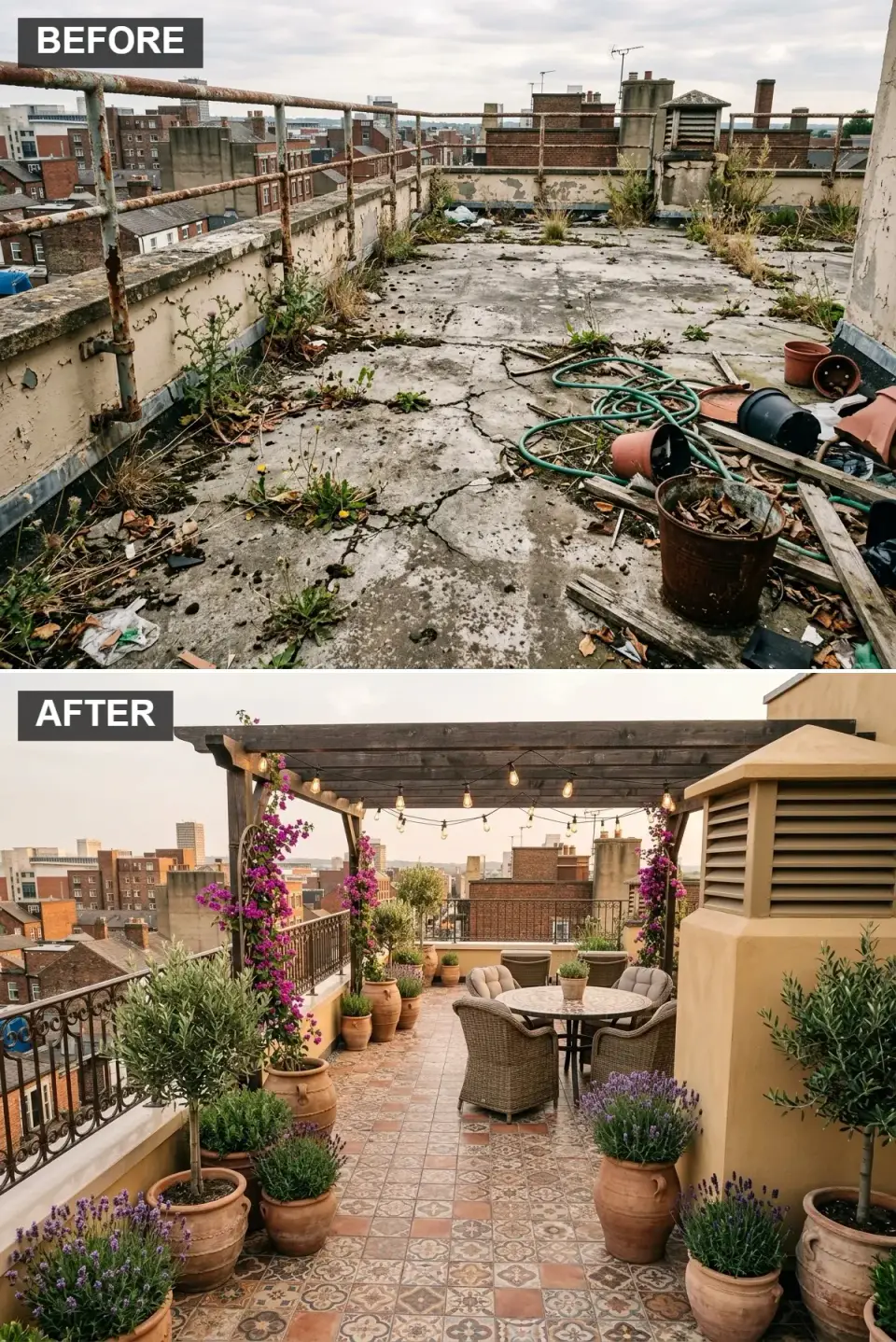Mediterranean rooftop terrace with patterned terracotta and cobalt encaustic porcelain tiles, freestanding dark-stained cedar pergola with climbing bougainvillea, round teak dining table with woven Lloyd Loom wicker armchairs, terracotta pots of various sizes holding olive trees and lavender, stucco-clad half-wall with wall-mounted bronze lanterns