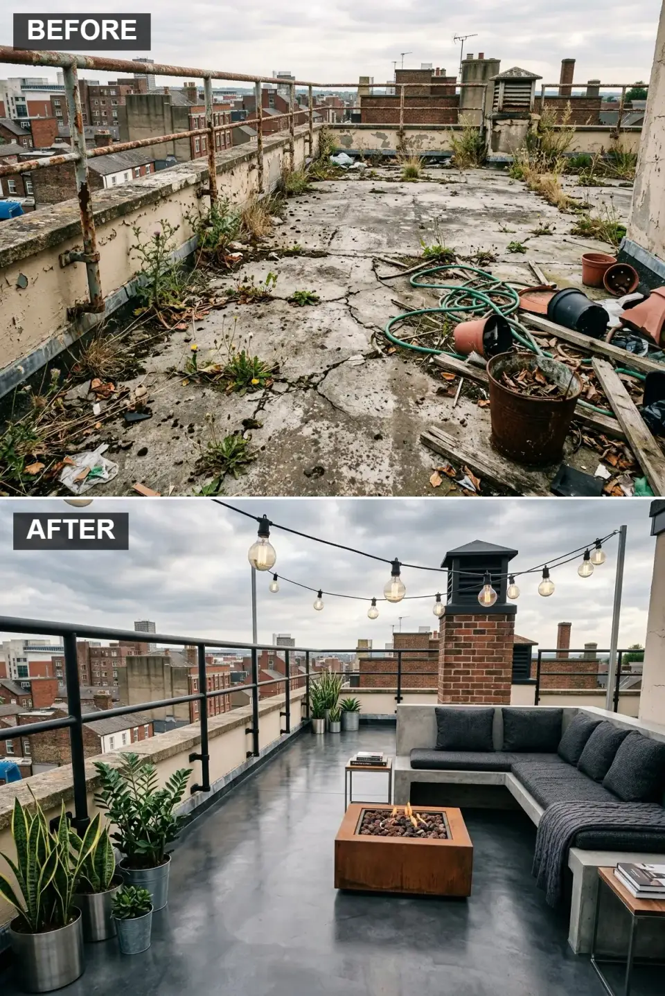 Industrial chic rooftop lounge with polished dark concrete-look porcelain pavers, long built-in GFRC bench running the perimeter with charcoal Sunbrella cushions, 48-inch square Corten steel gas fire pit with stainless burner, black-and-white festoon bistro lights strung overhead on cable catenary, blackened steel side tables, Kentia palm and sansevieria in matte black planters