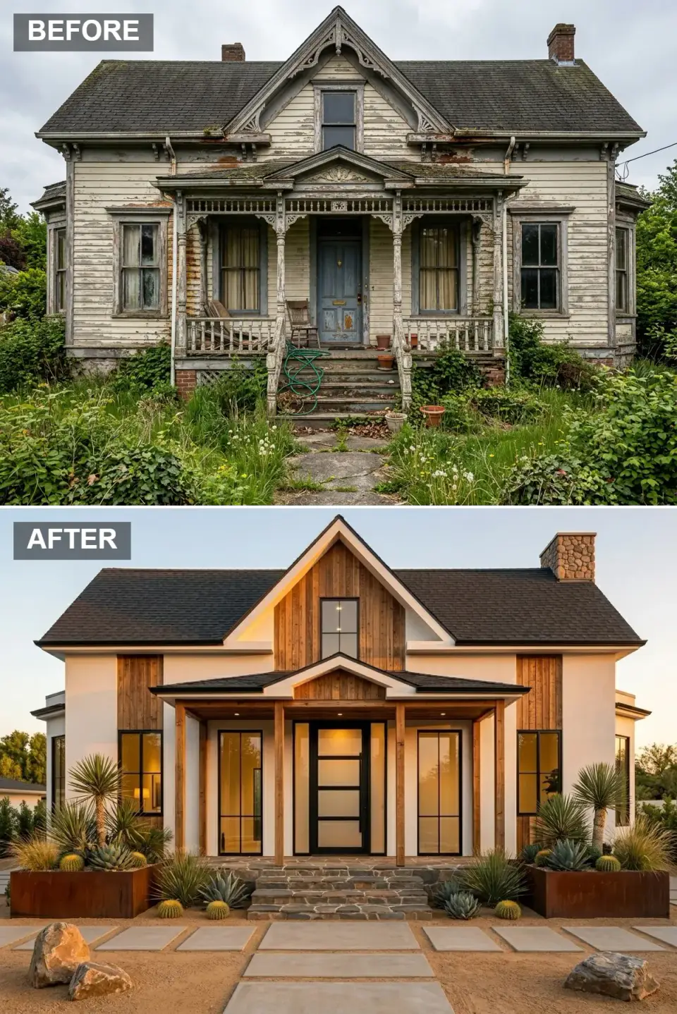 Modern desert farmhouse exterior makeover of an 1880s Queen Anne with cedar planks, white stucco and a xeriscape garden