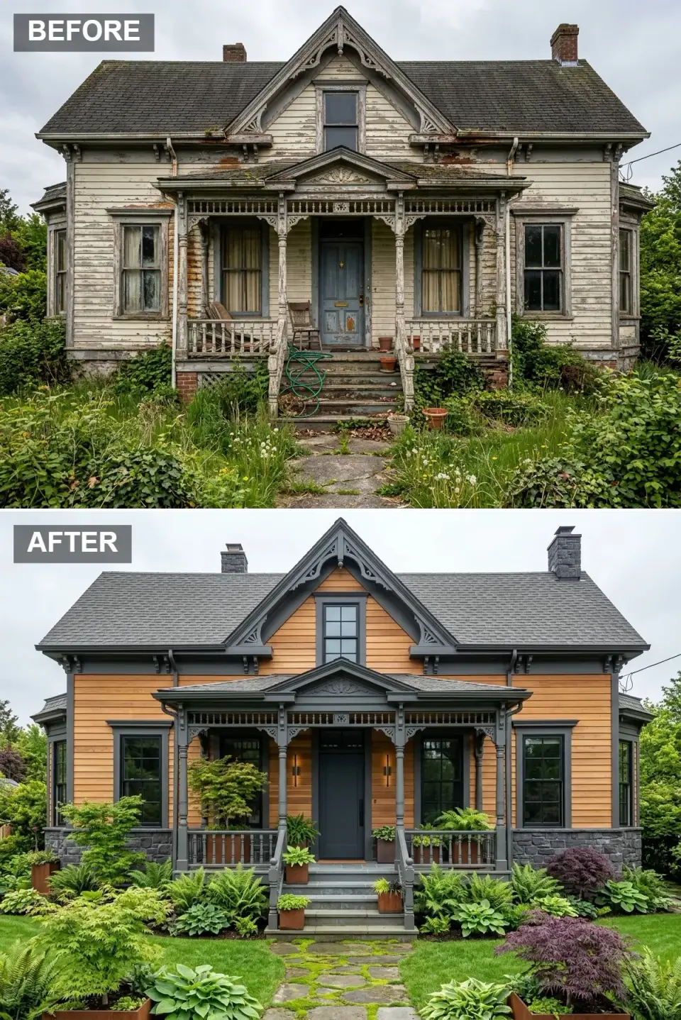 Moody Victorian restoration with natural cedar siding, charcoal-painted gingerbread trim and a woodland garden of Japanese maples and ferns