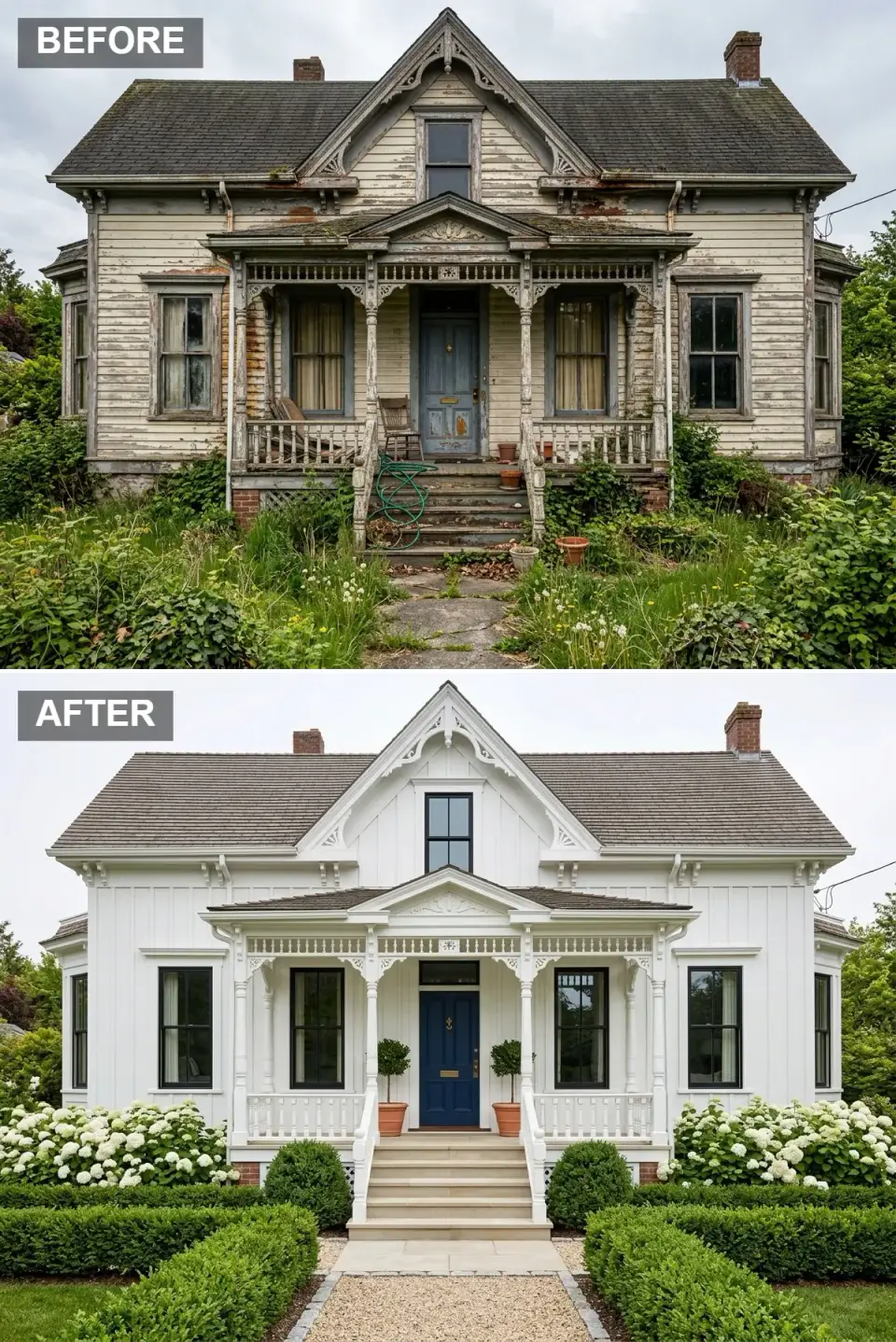 Hamptons-style white Queen Anne revival with navy door, formal boxwood parterres and white hydrangea bushes