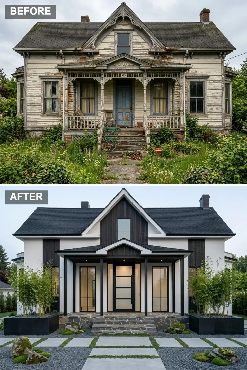 Minimalist Japanese-inspired Victorian exterior with white siding, charred black wood panels and a raked gravel Zen garden