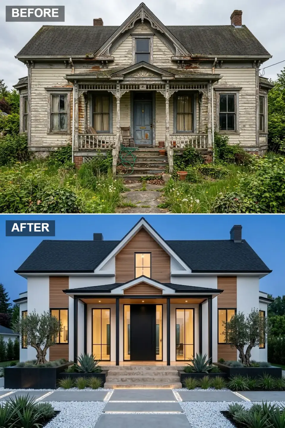 Mediterranean-modern Victorian exterior at twilight with honey cedar siding, black pivot door and LED-lit travertine steps