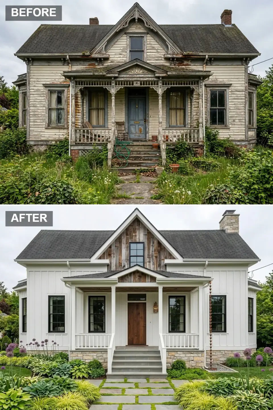 Modern farmhouse makeover of a Queen Anne with white board-and-batten siding, reclaimed barn wood gable and a perennial garden