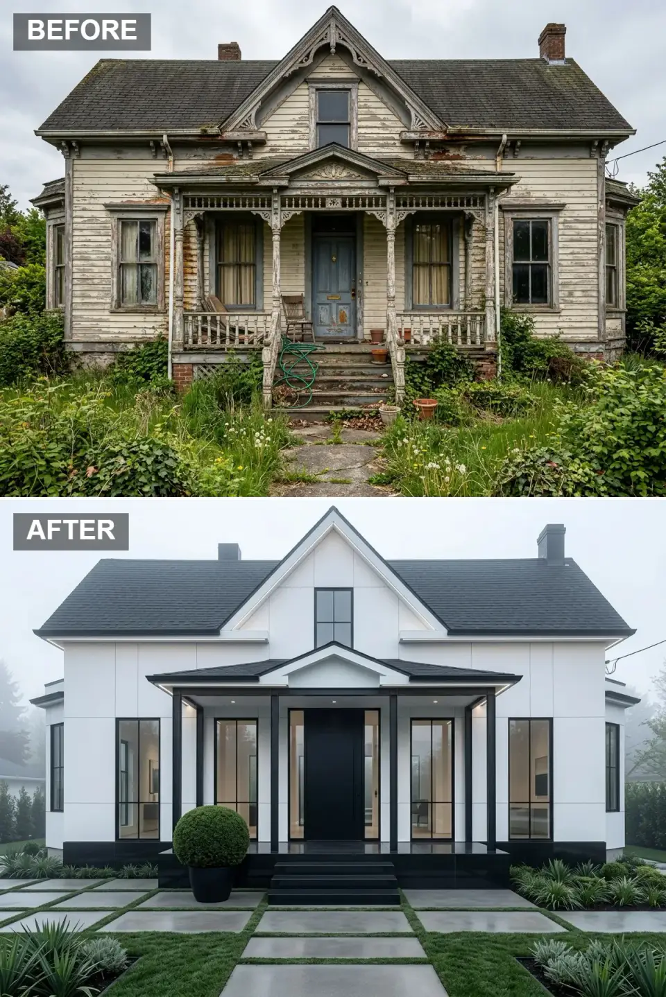 Radically minimalist Victorian exterior with large white panels, black stone base and a grid of concrete pavers in fog