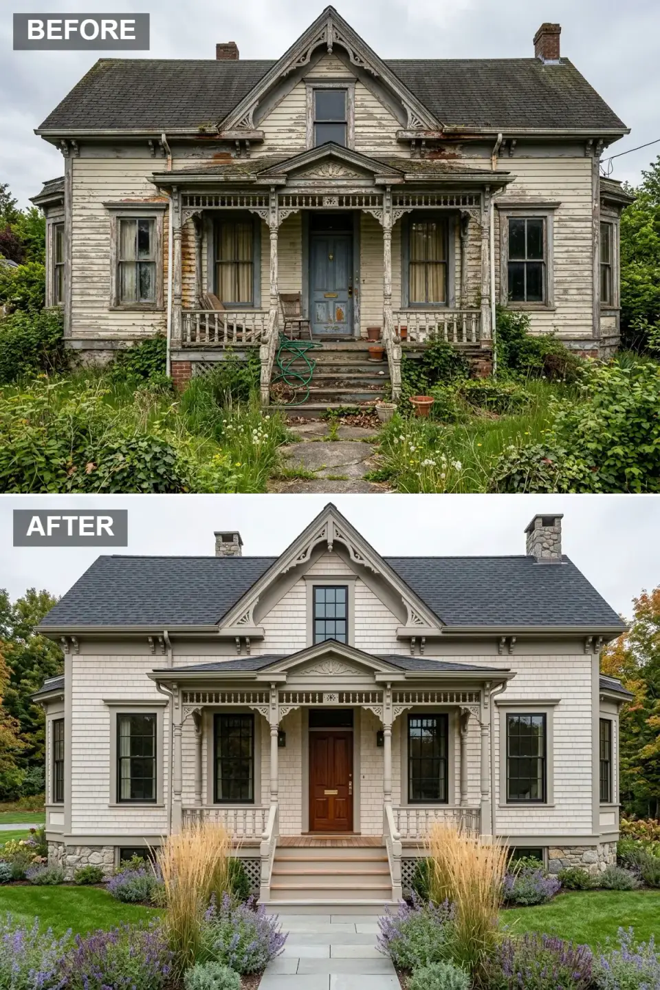 Restored 1880s Queen Anne painted in warm taupe monochrome with a mahogany door and a lavender meadow garden