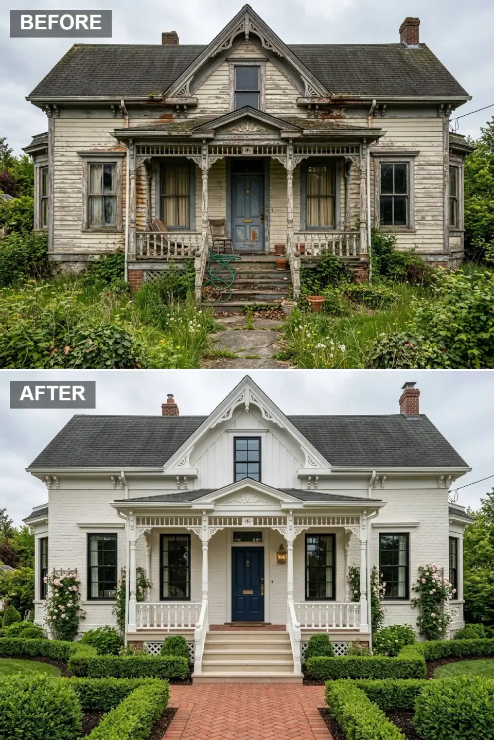 Classic white painted lady Victorian with restored gingerbread trim, navy blue door and a formal boxwood and rose garden