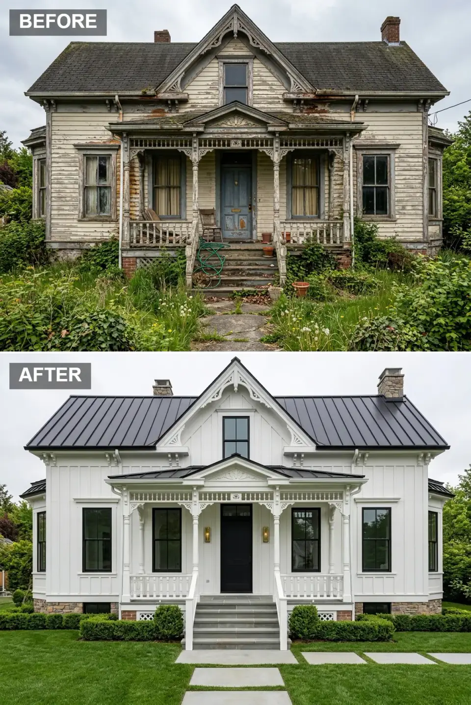 Scandinavian-Victorian hybrid exterior with white board-and-batten, charcoal standing seam metal roof and preserved white gingerbread trim
