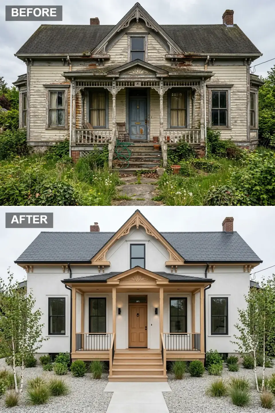 Modernist Victorian exterior in white stucco with natural oak gable trim, black steel porch railings and a Japanese-Scandi birch garden
