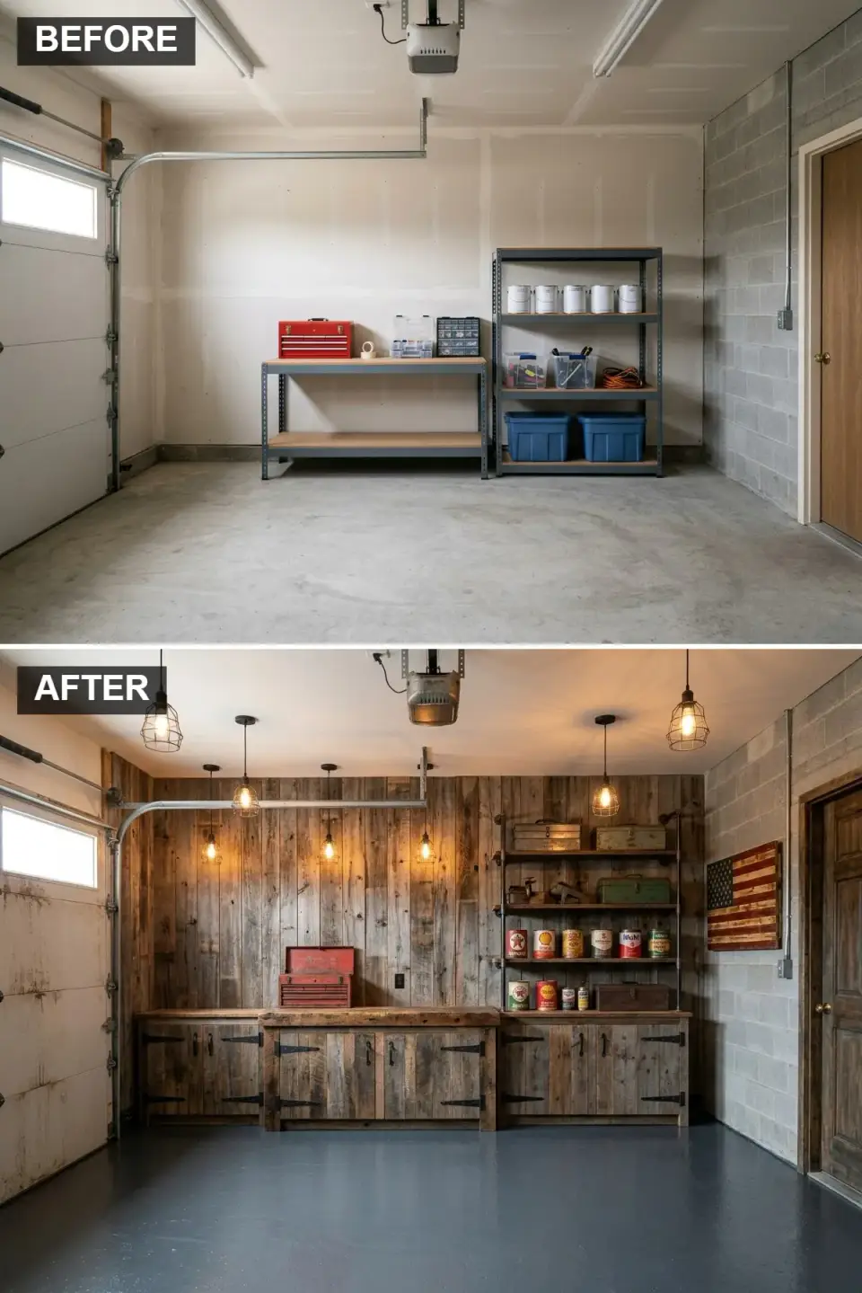 Garage transformed into rustic industrial retreat with reclaimed oak paneling, slate epoxy floor, and aged iron pipe shelving
