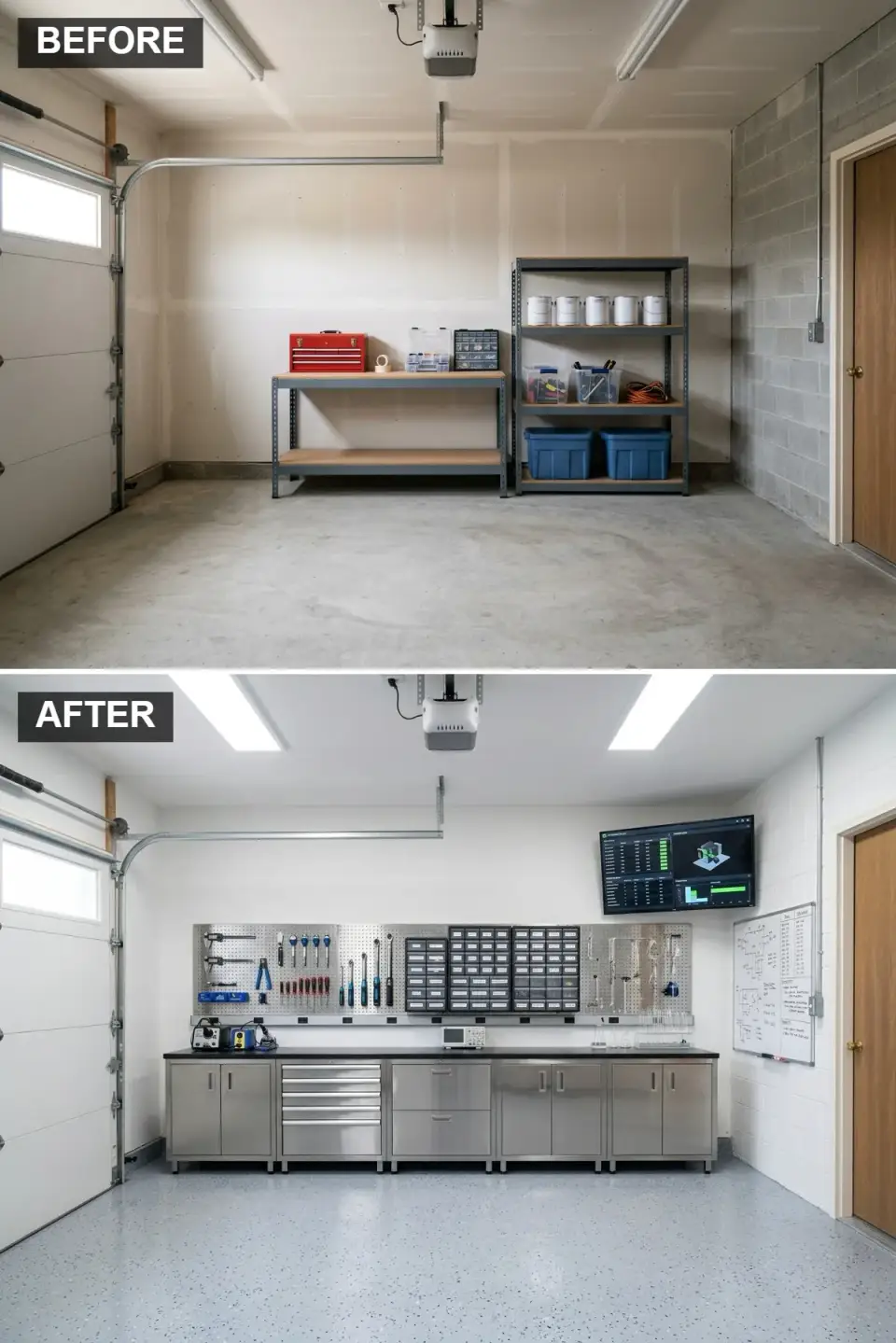 Clinical high-tech garage lab with stainless steel cabinetry, black countertop, parts pegboard, and light grey epoxy flake floor