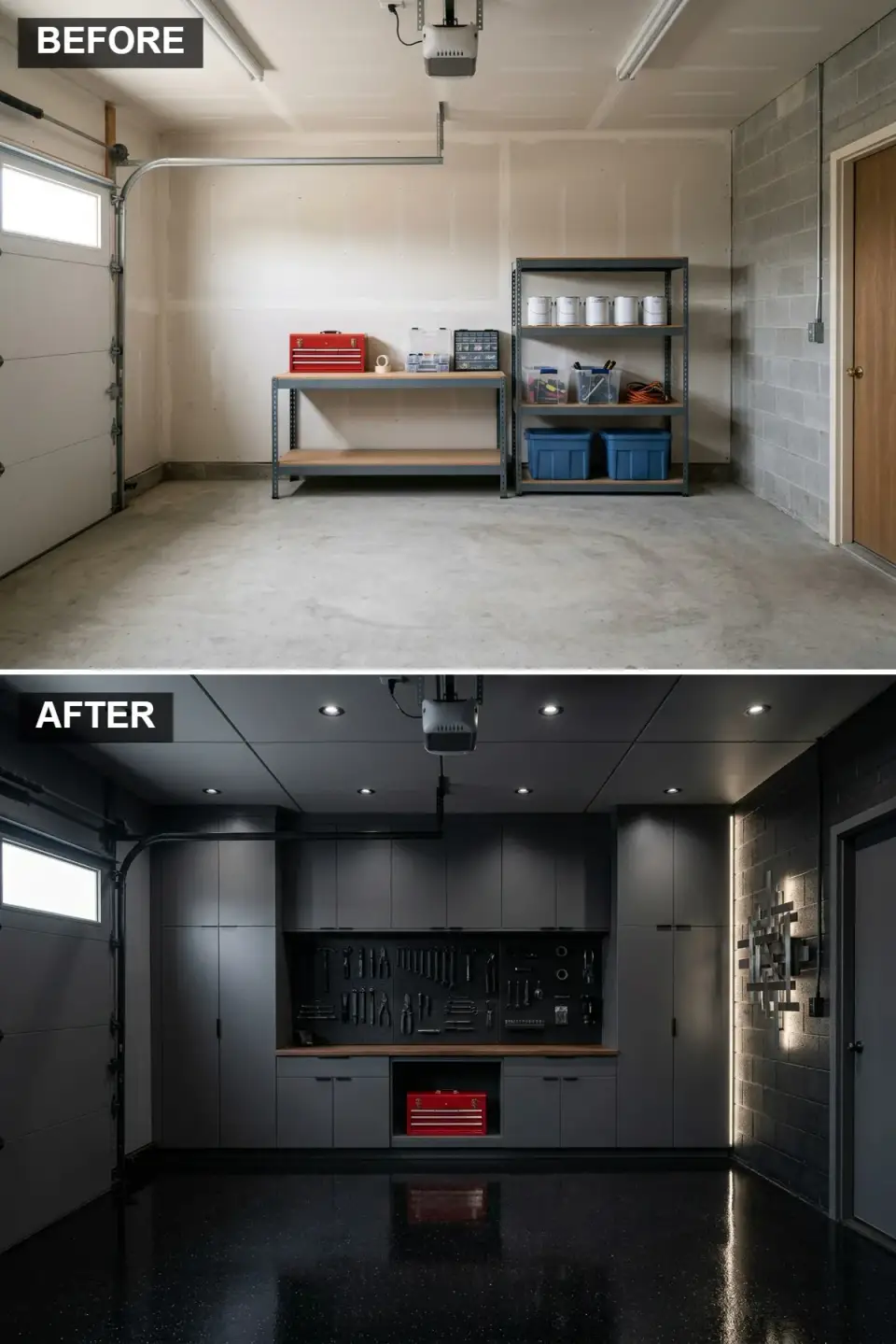 Moody dark garage studio with charcoal grey floor-to-ceiling cabinetry, black gloss epoxy floor, dark walnut counter, and textured stone accent wall