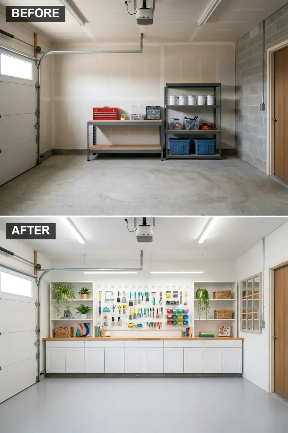 Bright craft studio conversion with white cabinetry, butcher block countertop, woven baskets, and central pegboard of colorful tools