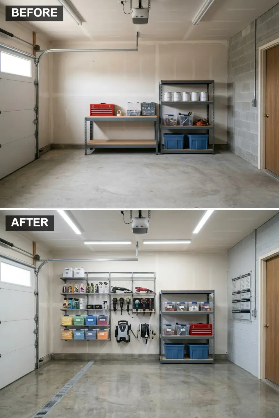 Garage converted to car detailing studio with chrome wire shelving, polished concrete floor, and royal blue storage bins
