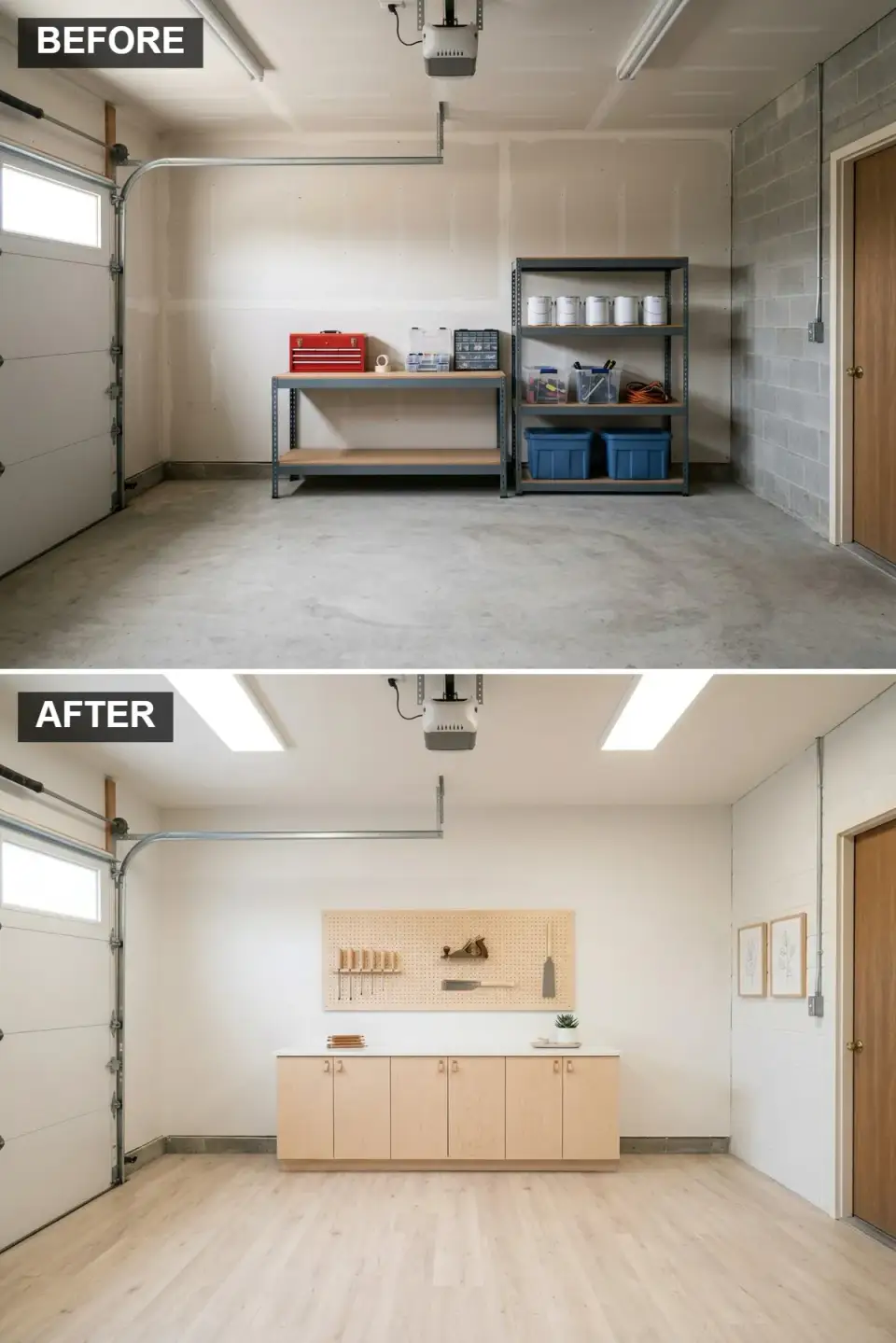 Minimalist maker space in converted garage with birch plywood pegboard, white cabinetry, and light oak plank flooring