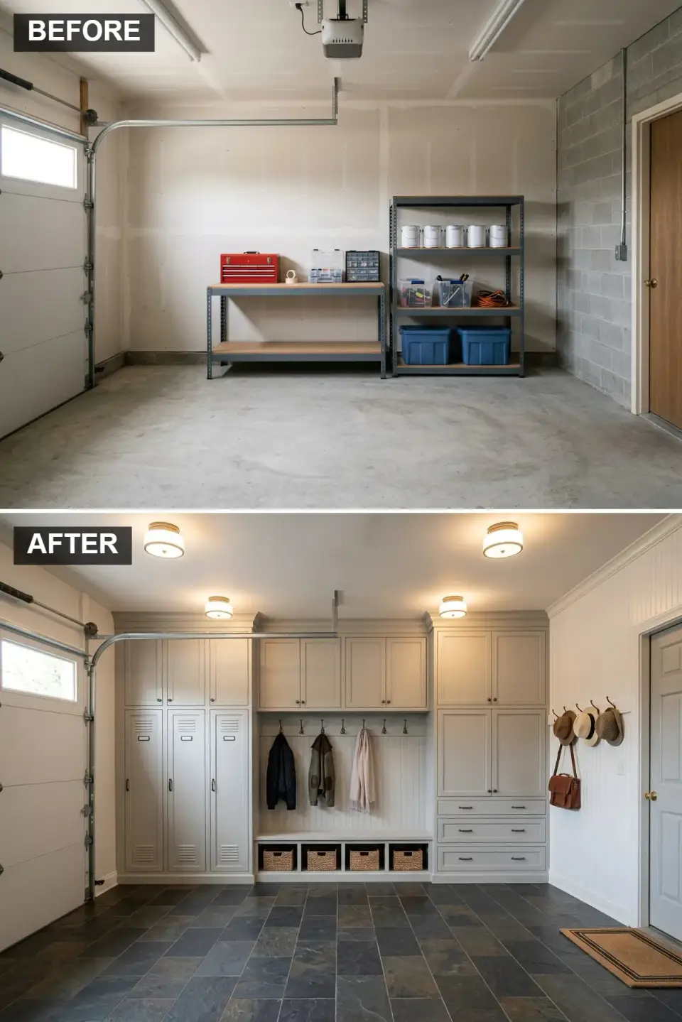 Garage converted into mudroom with greige built-in lockers, beadboard paneling, and dark slate tile floor