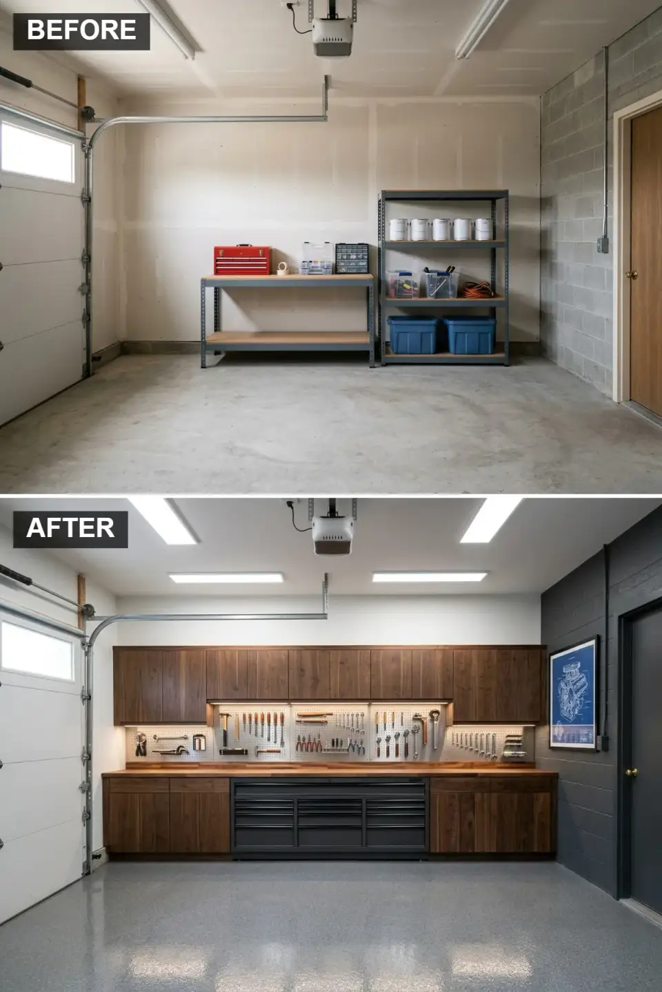 Luxury garage workshop with dark walnut cabinetry, stainless steel pegboard backsplash, and matte black tool chest