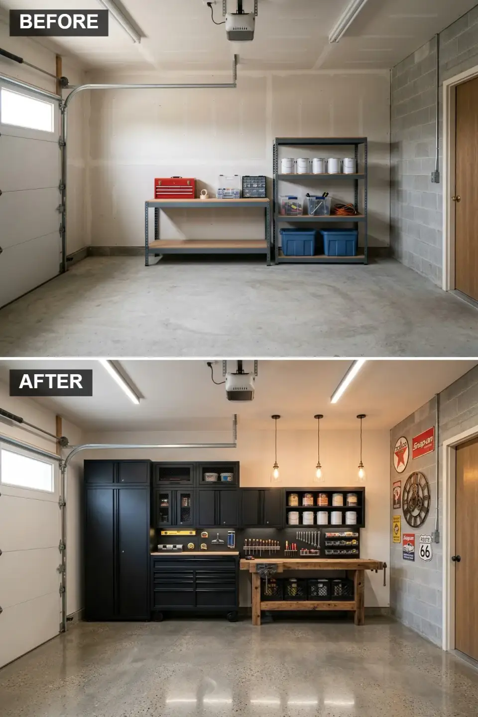 Moody garage workshop with matte black metal cabinetry, distressed timber workbench, and Edison bulb pendant lights
