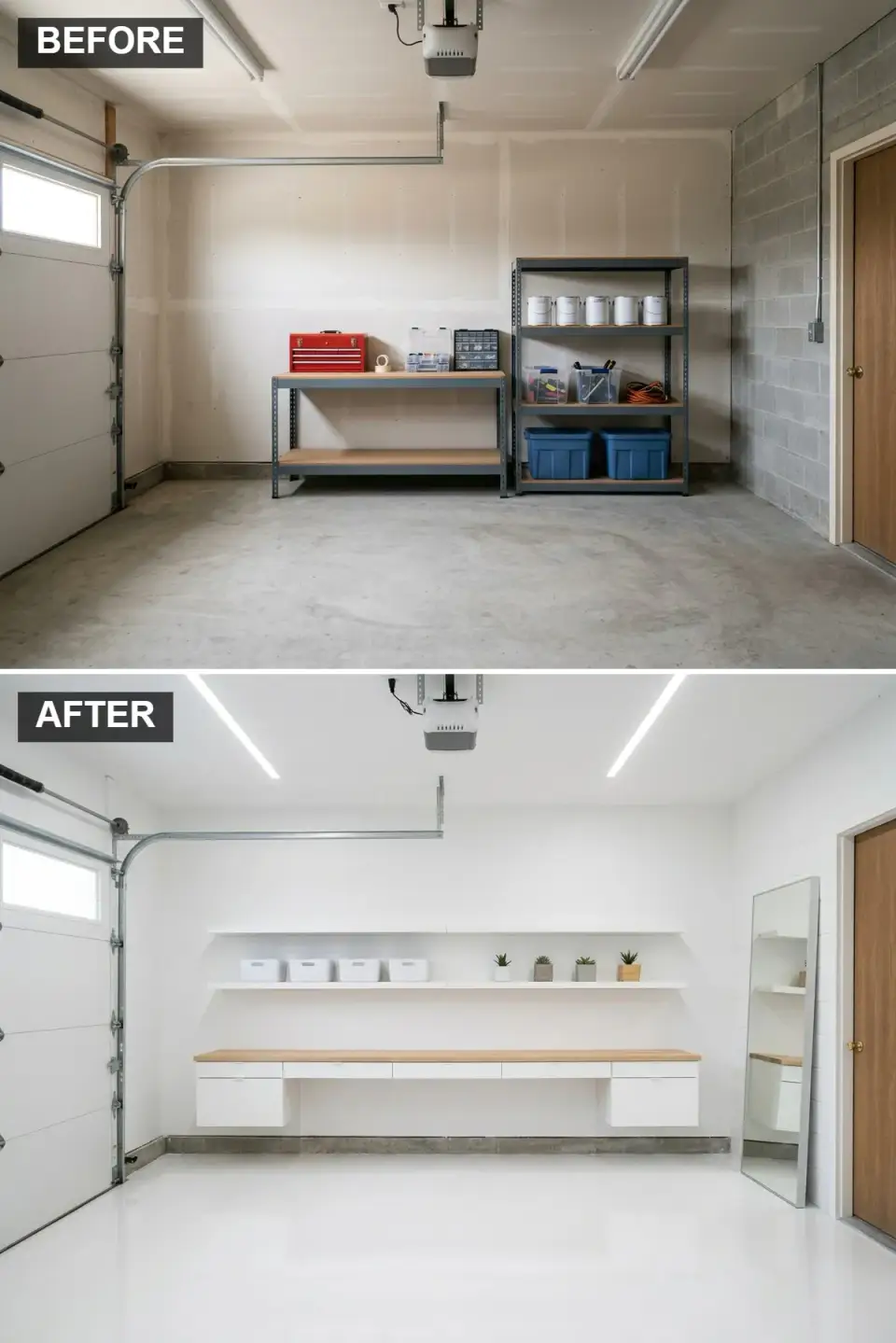 All-white minimalist studio in converted garage with floating console desk, light ash wood top, and high-gloss epoxy floor