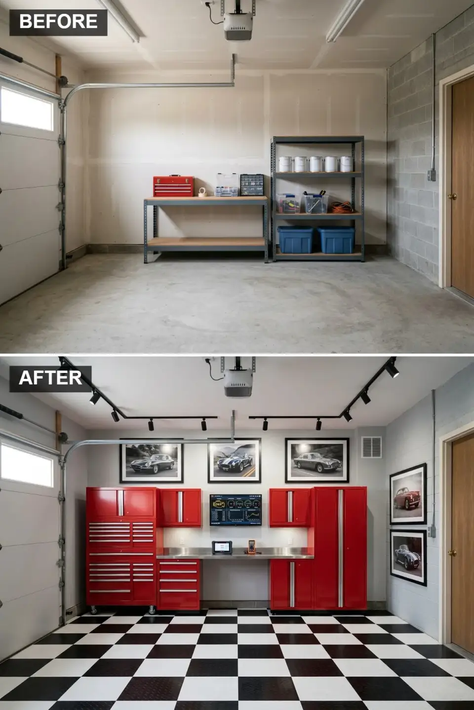 Retro racing-themed garage with racing red metal cabinetry, black and white checkered tile floor, and black track lighting