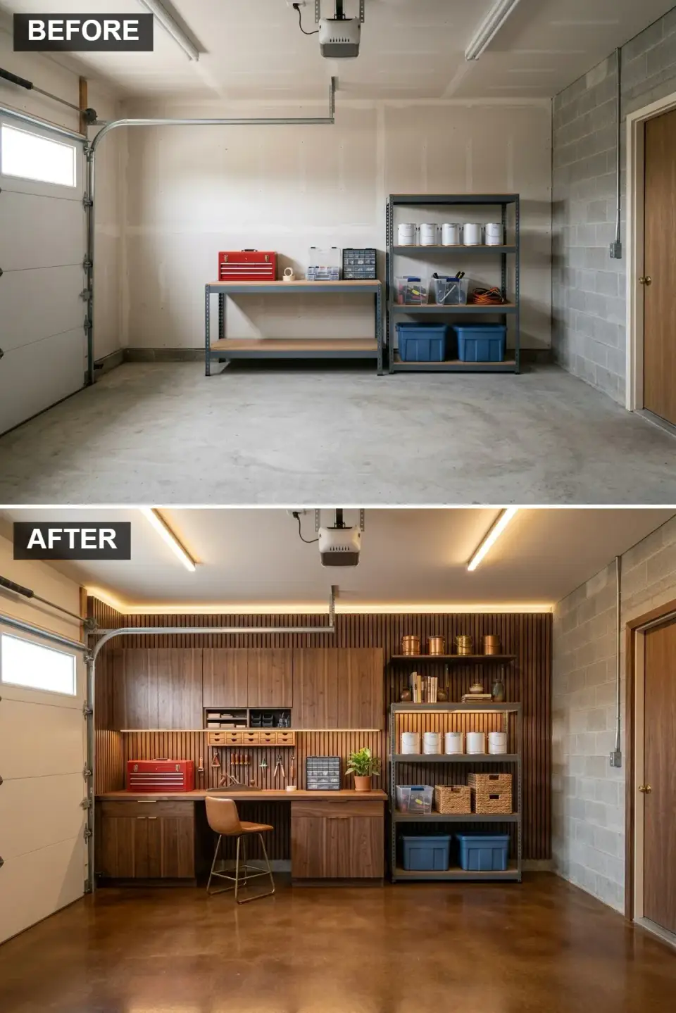 Mid-century modern garage studio with floor-to-ceiling walnut slat wall, walnut built-in desk, and dark brown stained concrete floor