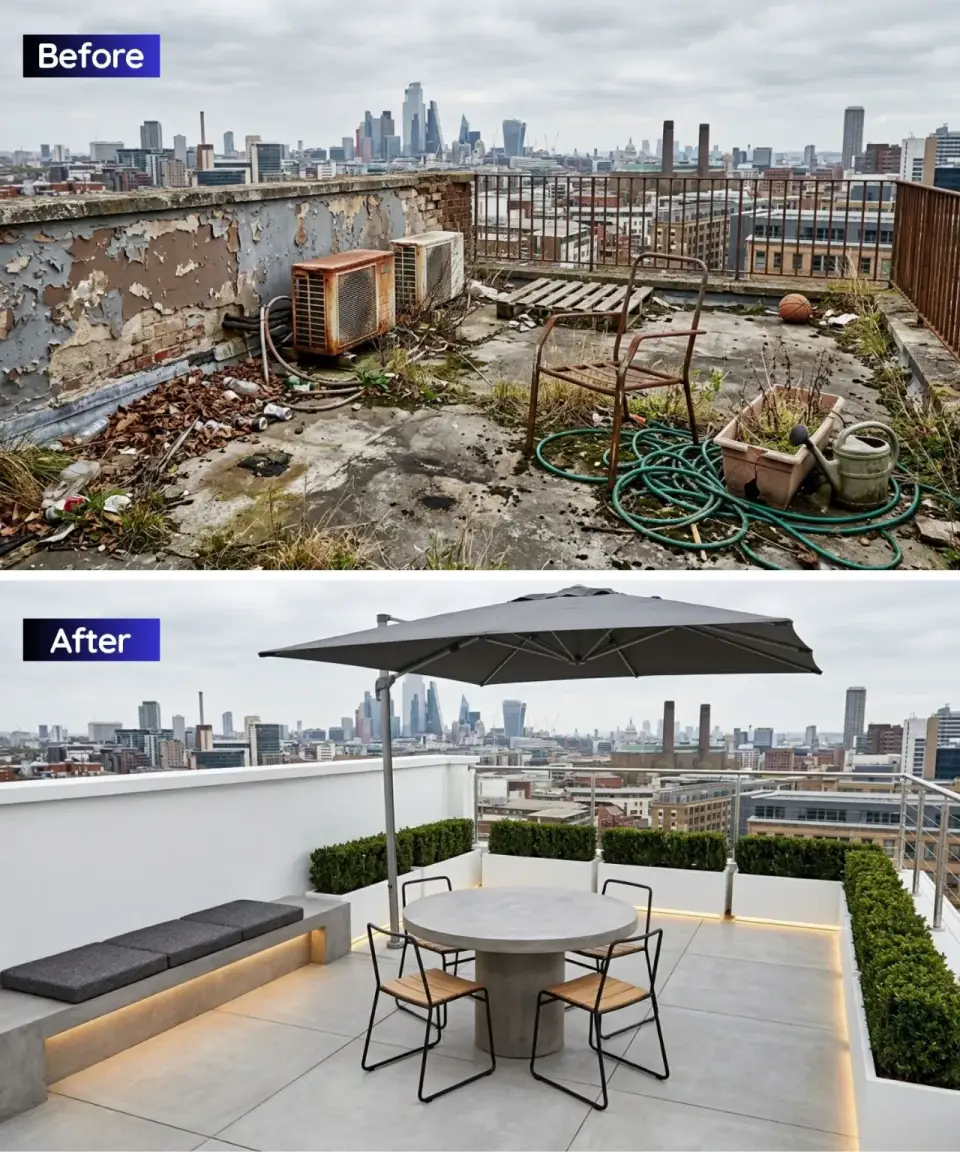 Minimalist concrete-and-porcelain rooftop dining terrace with integrated LED bench and cantilever umbrella — Charleston Upper Peninsula condo transformation