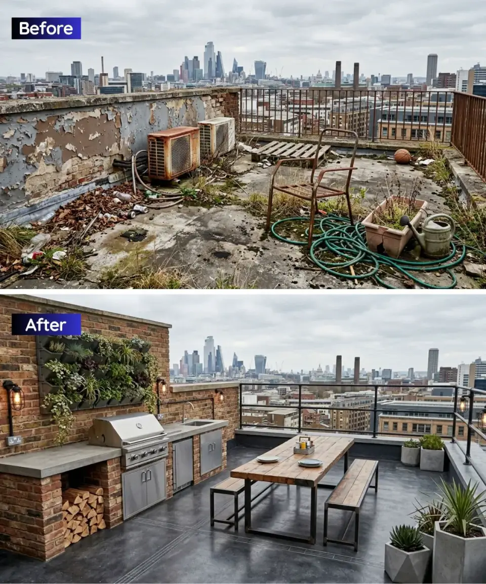 Industrial rooftop BBQ terrace with exposed brick new brick outdoor kitchen GFRC concrete counters grill log storage concrete overlay floor and vertical succulent wall