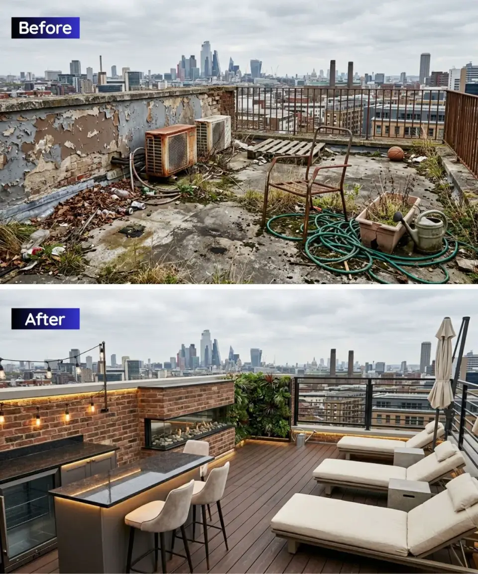 Rooftop entertainer's bar with dark composite decking brick bar granite counter LiveWall vertical garden and outdoor fireplace under string lights