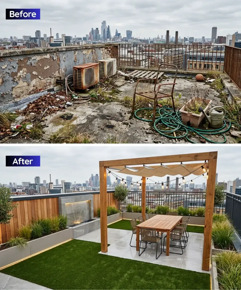Rooftop pergola with retractable canopy cedar clad parapet artificial grass patch water feature and olive trees in modern planters