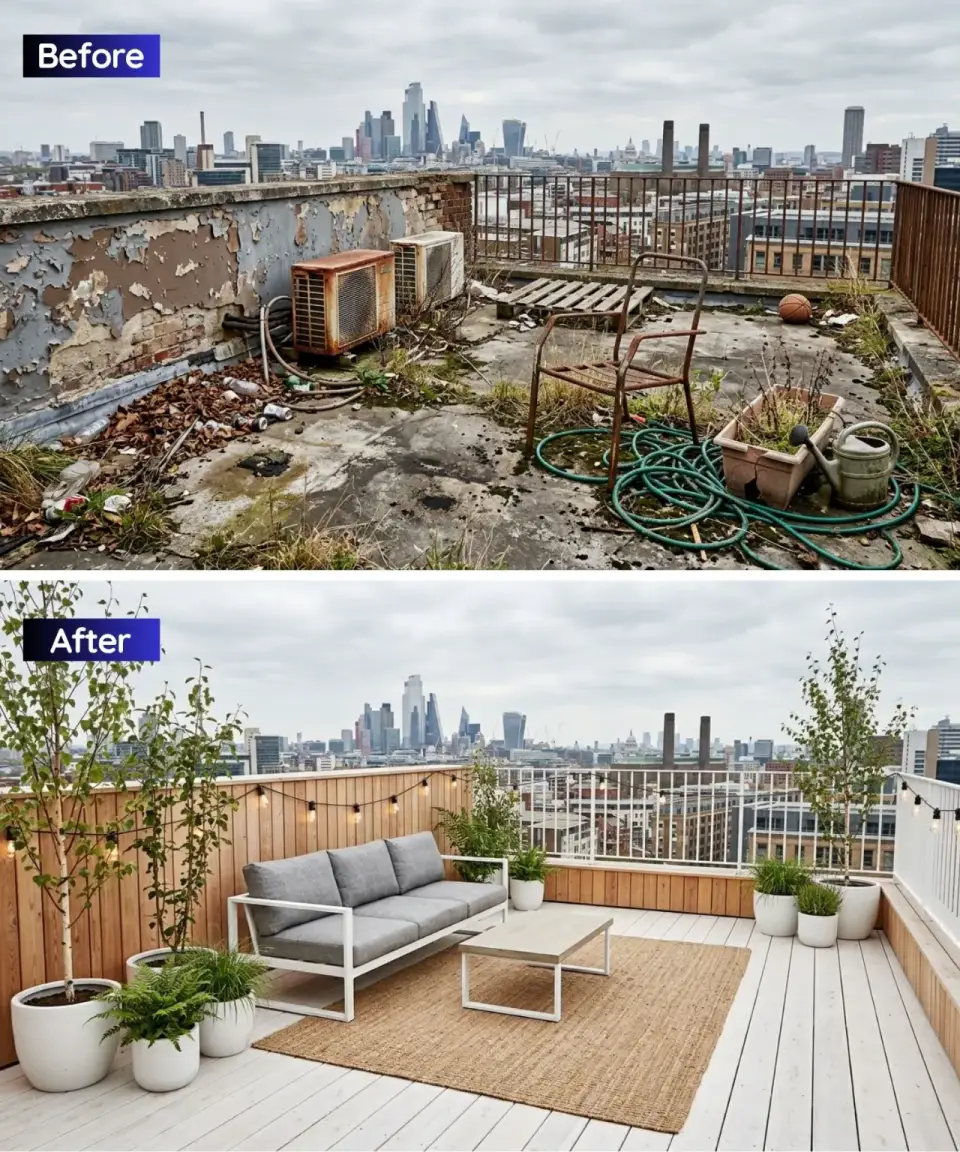 Scandi-Boho rooftop terrace with light Kebony wood decking white outdoor sofa jute rug potted birch trees and bistro string lights