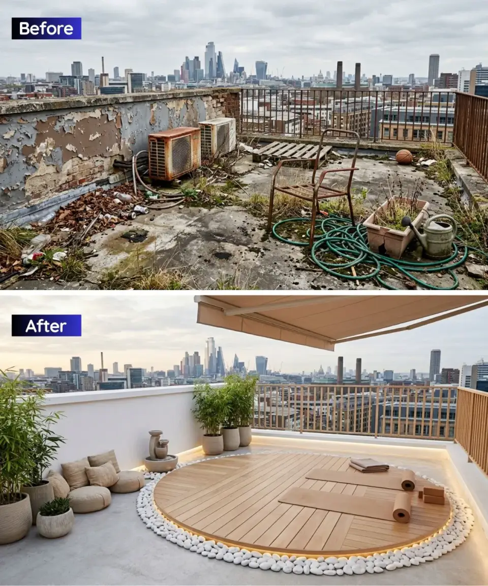 Circular Thermory ash yoga deck framed by white river stones bamboo planters bubbling fountain and retractable shade awning on rooftop