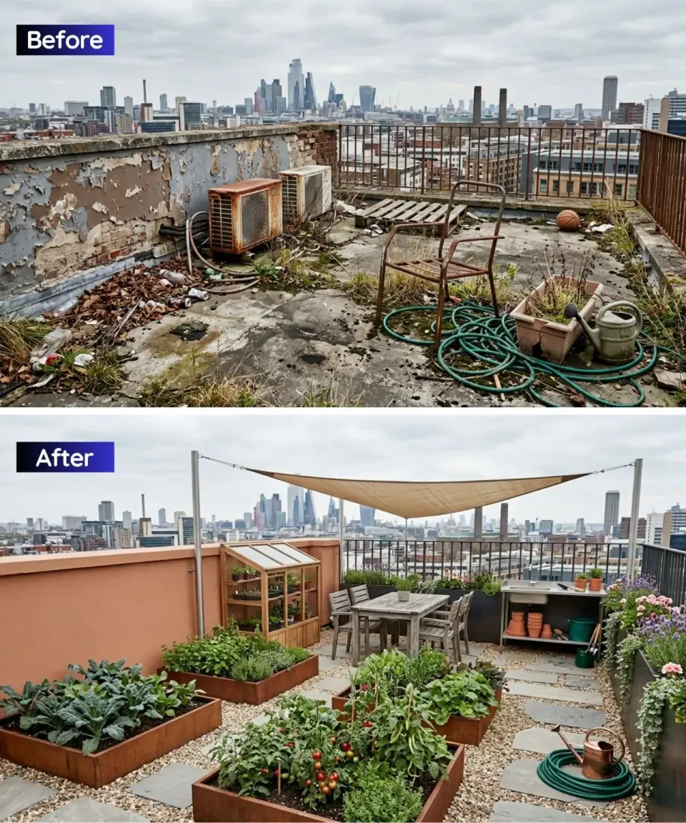 Rooftop kitchen garden with Cor-Ten raised beds polycarbonate greenhouse gravel paths shade sail dining table and herbs tomatoes heirloom vegetables