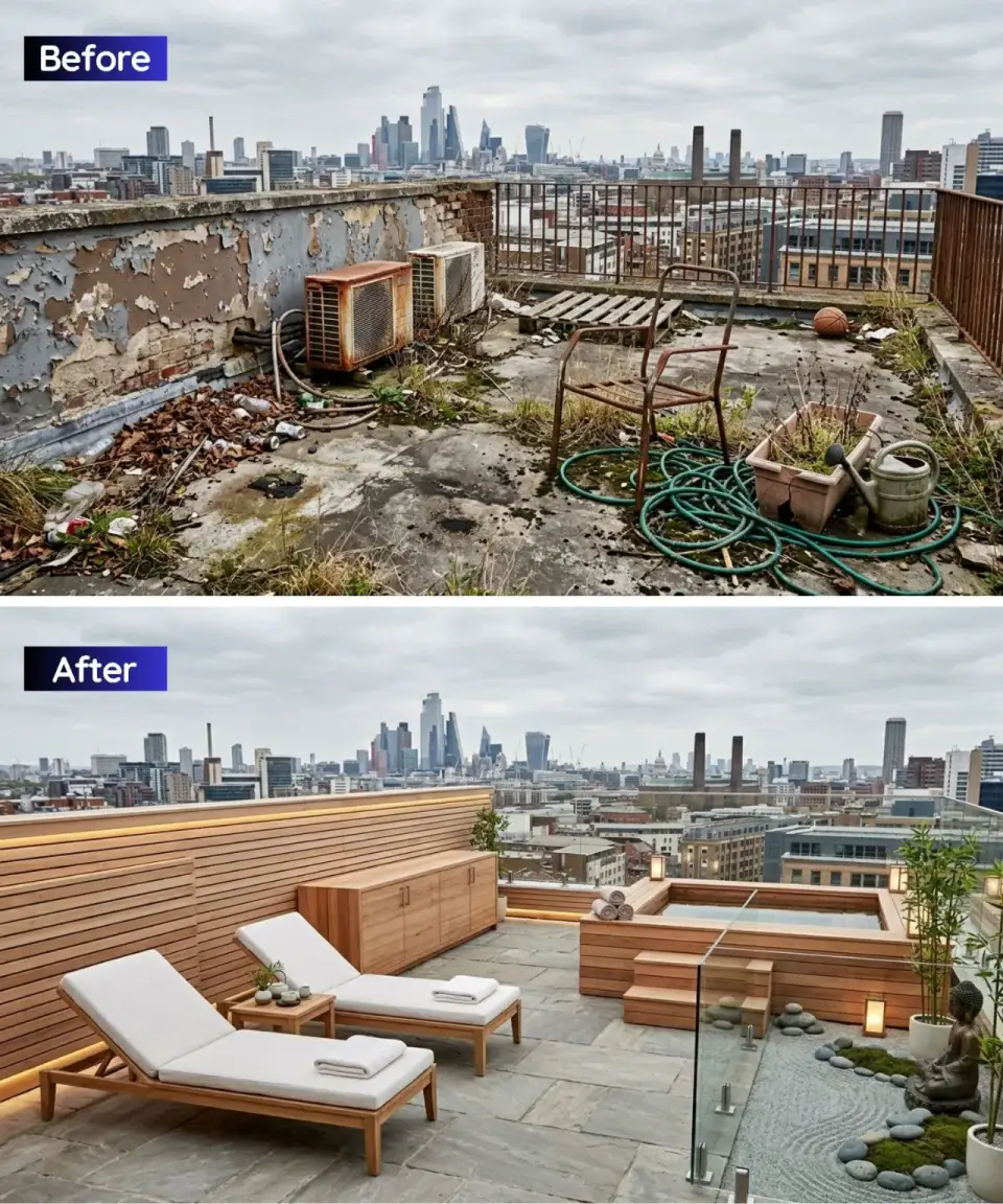 Rooftop spa terrace with cedar-clad hot tub built into raised Kebony deck stone tiles zen garden with river rocks and moss and loungers