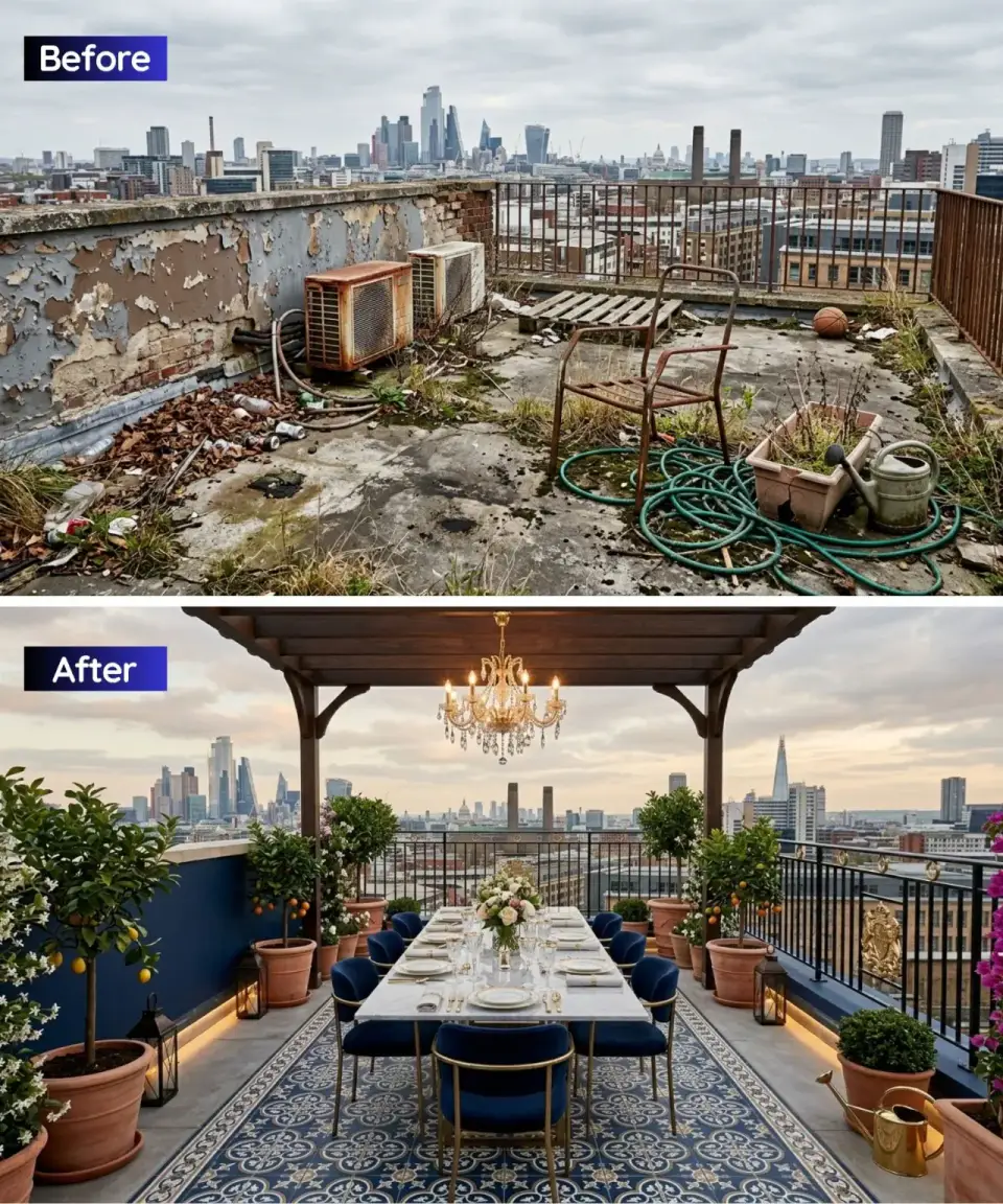 Formal rooftop dining with dark wood pergola marble table blue velvet outdoor chairs crystal chandelier patterned outdoor rug and citrus olive trees