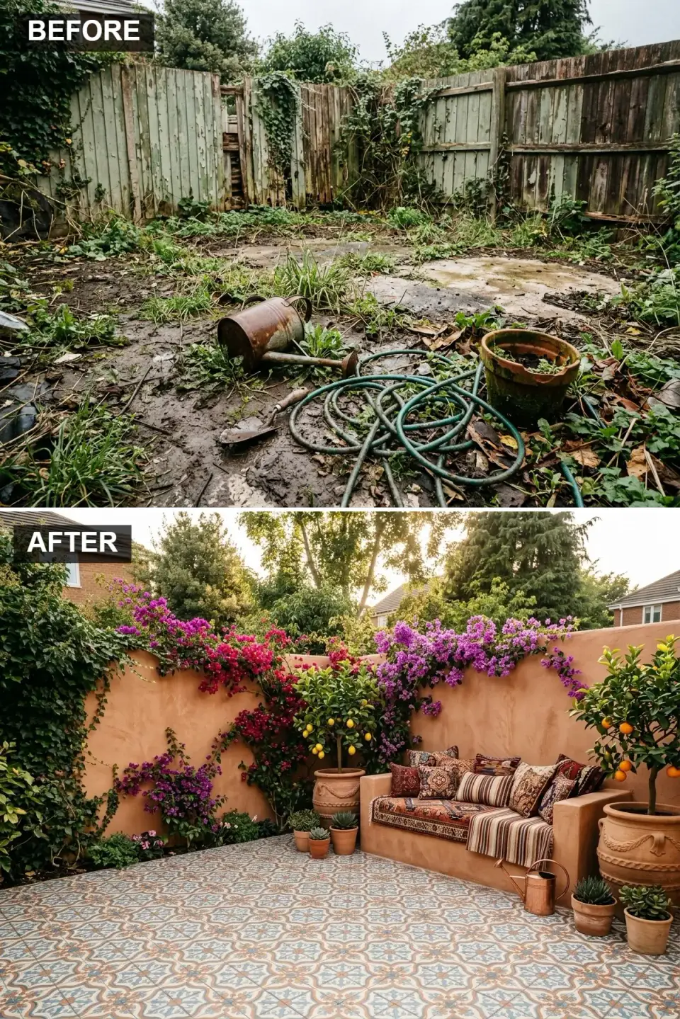 Tuscan-inspired backyard terrace with warm terracotta stucco wall, climbing bougainvillea, patterned encaustic floor tiles, built-in adobe bench with patterned cushions, and large terracotta pots with a small lemon tree