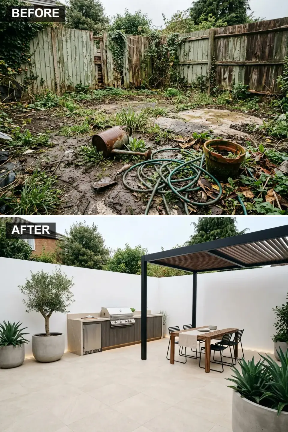 Sleek outdoor kitchen with pristine white stucco backdrop wall, modern built-in grill and cabinetry under a black metal and wood pergola, dining table with chairs on large-format beige porcelain tile floor