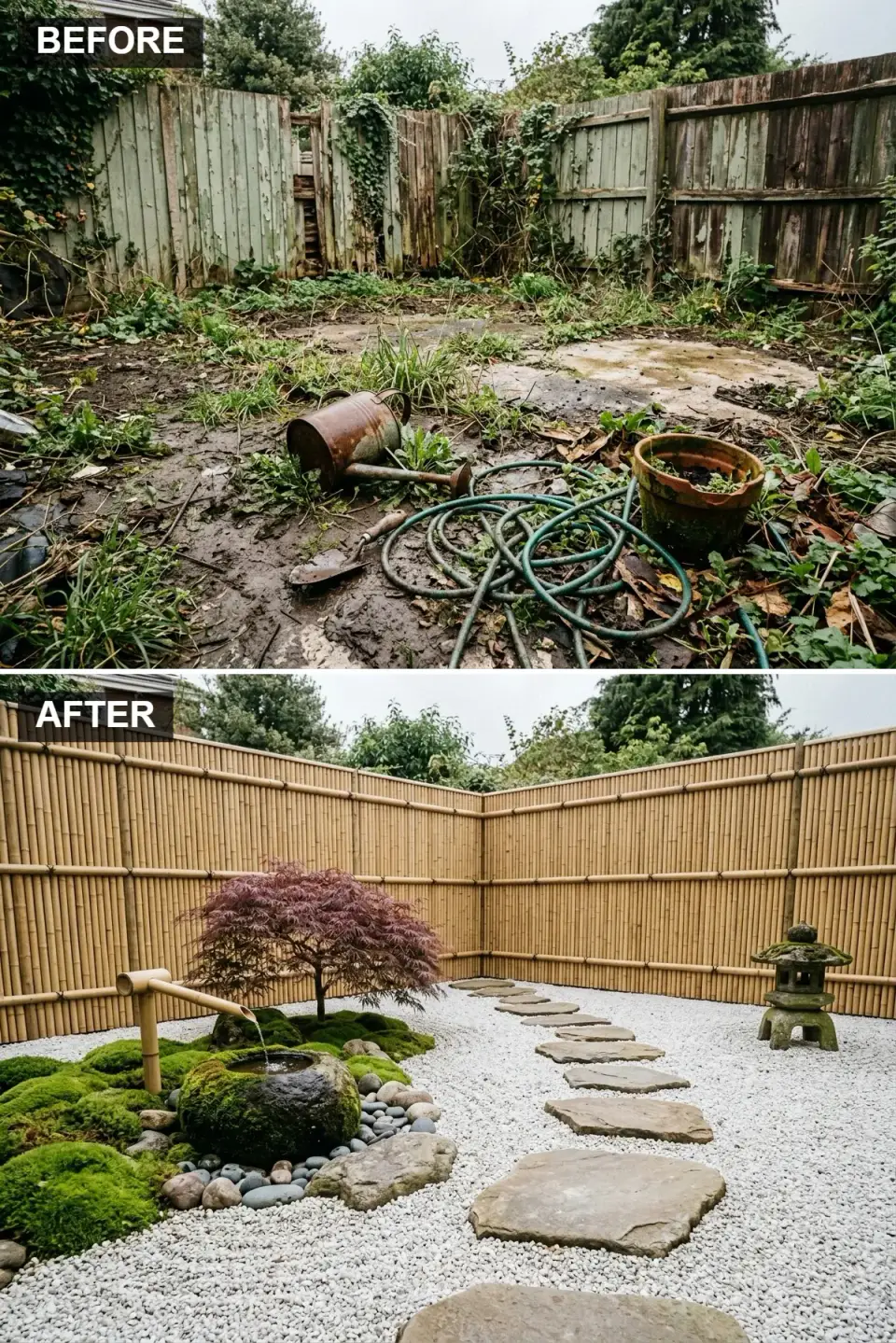 Traditional Japanese zen garden with tall natural bamboo fencing, raked white granite gravel ground with stepping stones, mossy mound with tsukubai water basin and bamboo spout, Japanese maple tree, and classic stone lantern