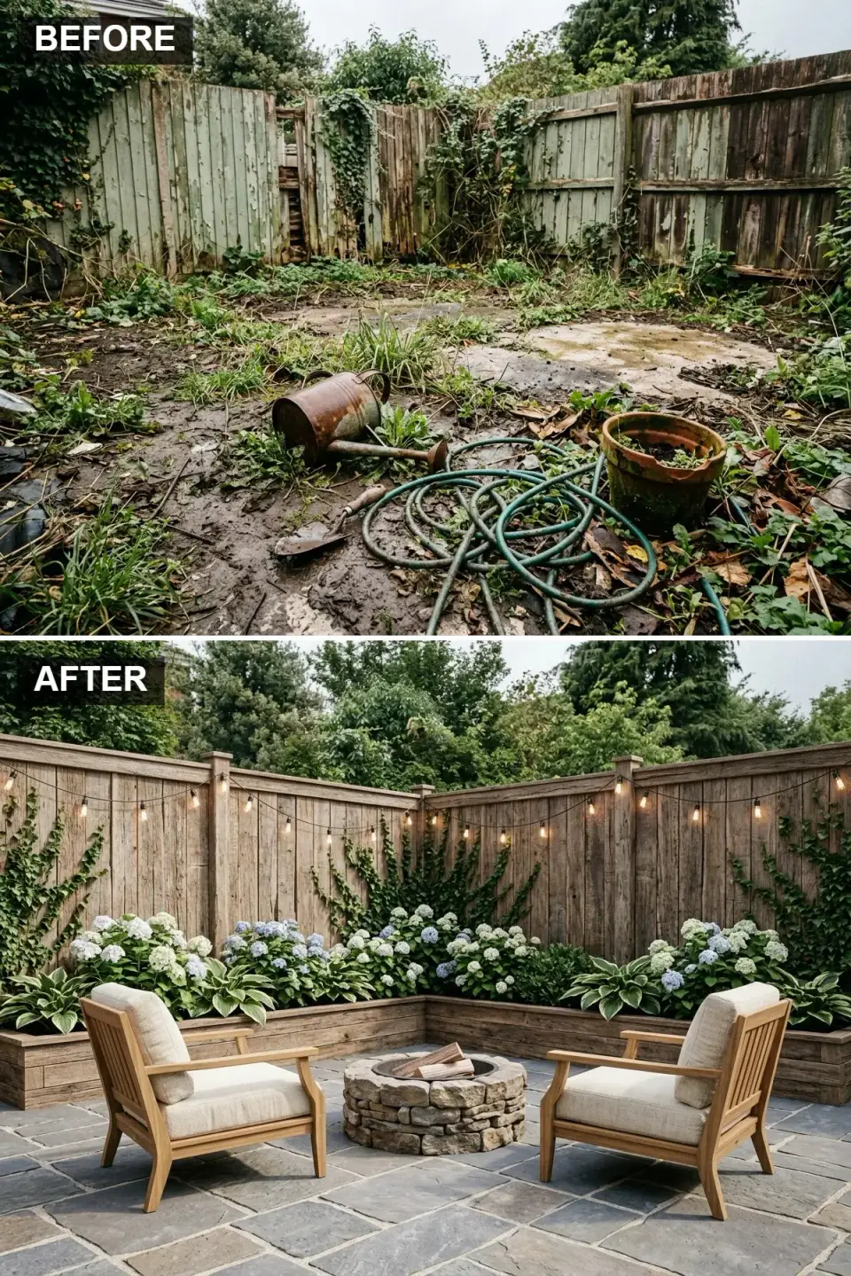 Rustic backyard with weathered aged cedar vertical plank fence, raised wooden planter beds filled with blue hydrangeas and hostas, circular stacked stone fire pit with two teak wooden armchairs, blue-grey slate flagstone patio, and overhead string lights