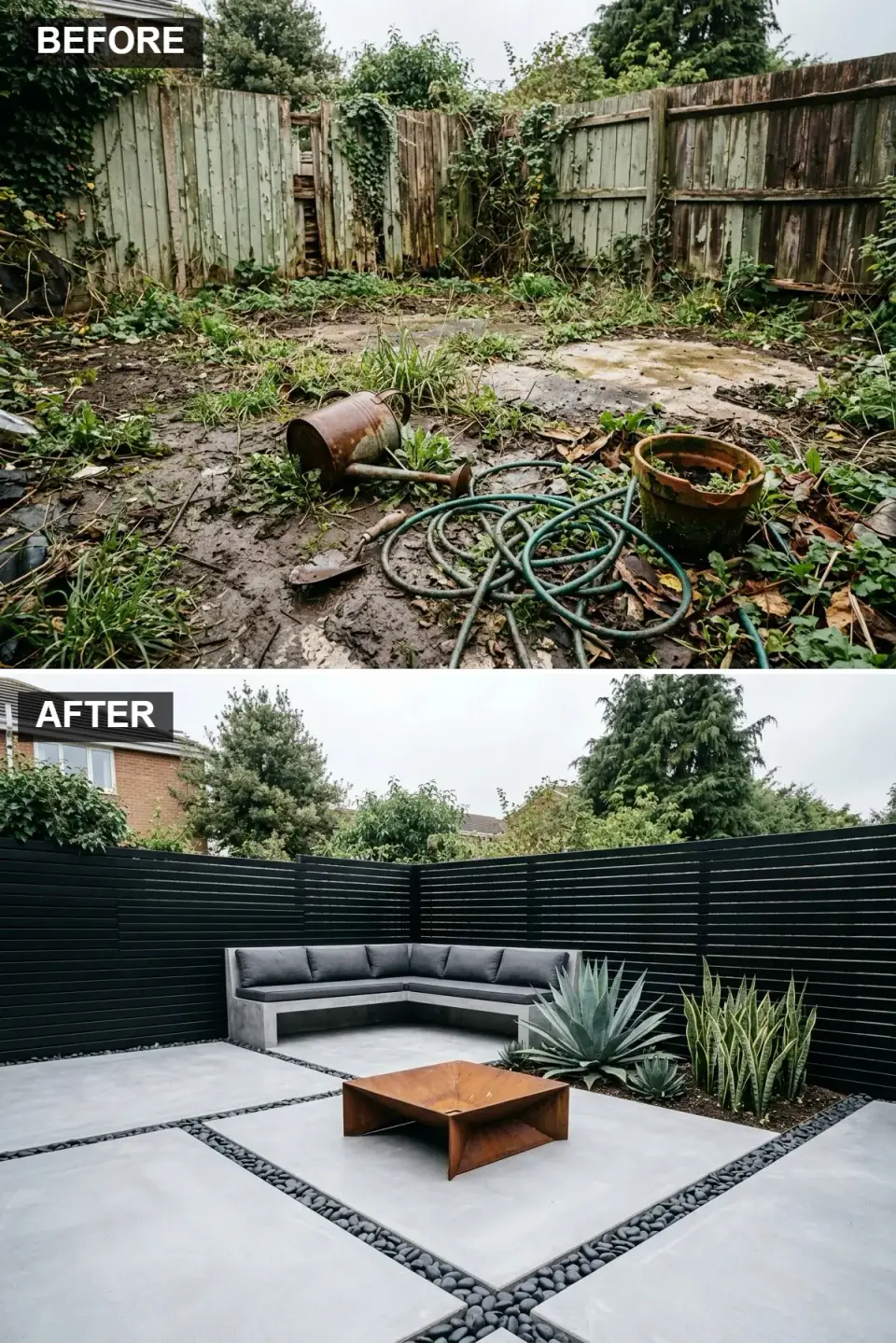Minimalist courtyard with matte black horizontal slat fencing, built-in L-shaped light grey concrete bench with dark cushions, geometric corten steel fire pit on large concrete pavers framed by black river pebbles, and architectural agave and snake plants