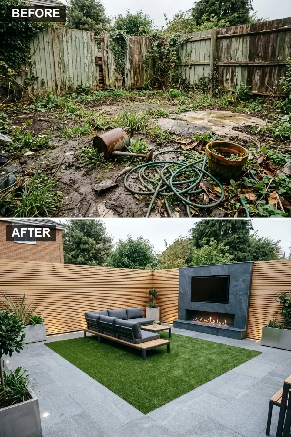 Modern backyard lounge with horizontal light oak timber slat fence, dark slate media wall housing a large outdoor TV and linear gas fireplace, low L-shaped outdoor sofa on artificial turf rug, and large-format grey concrete pavers