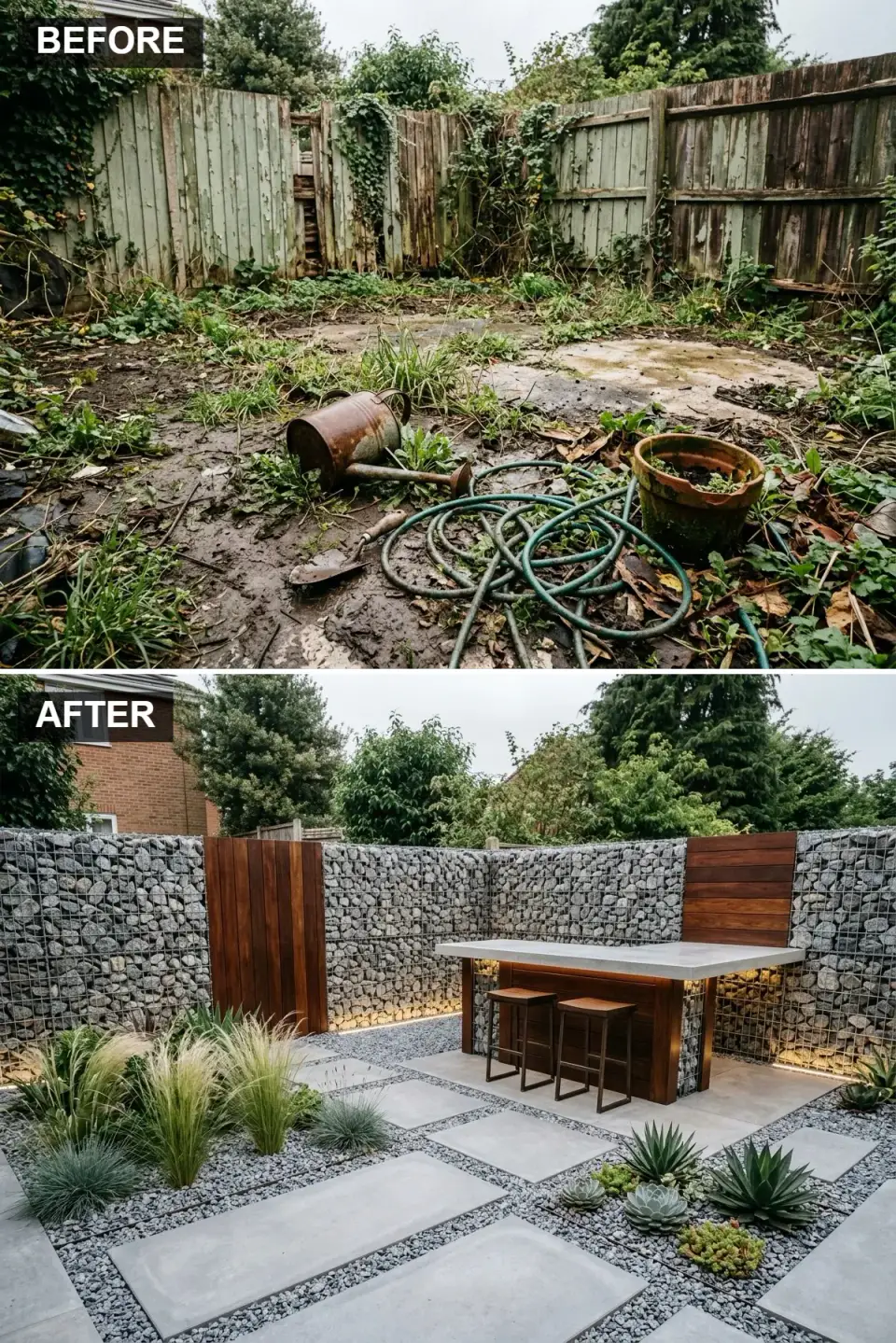 Industrial backyard with gabion walls filled with grey granite stones interspersed with dark walnut wood panels, custom polished concrete bar with wooden stools, and geometric layout of large light grey concrete pavers and gravel