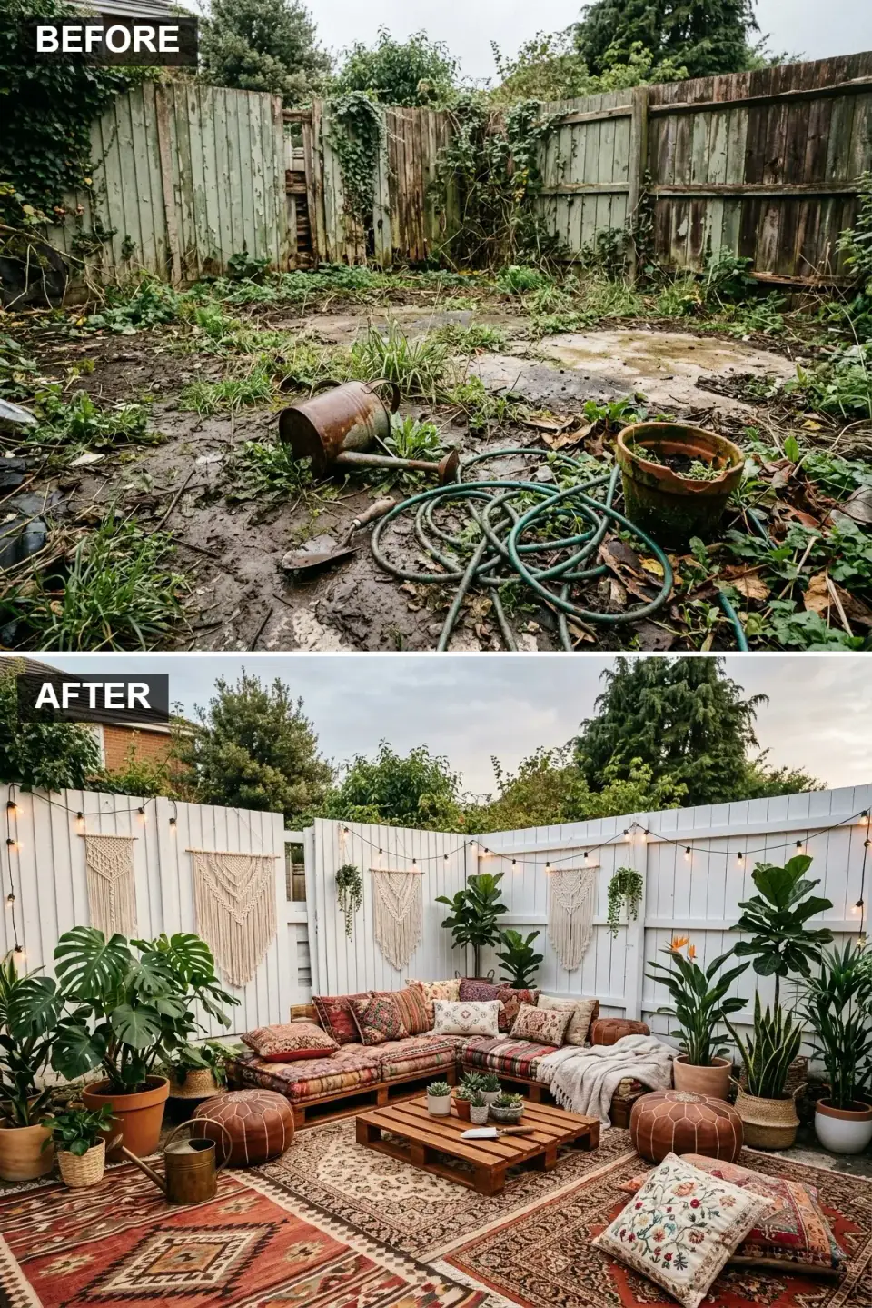 Bohemian backyard retreat with white-painted fence, pallet sofa piled with colorful patterned cushions, layered kilim rugs, tan leather pouf, macrame wall hangings, string lights, and abundant potted monstera and fiddle leaf fig plants