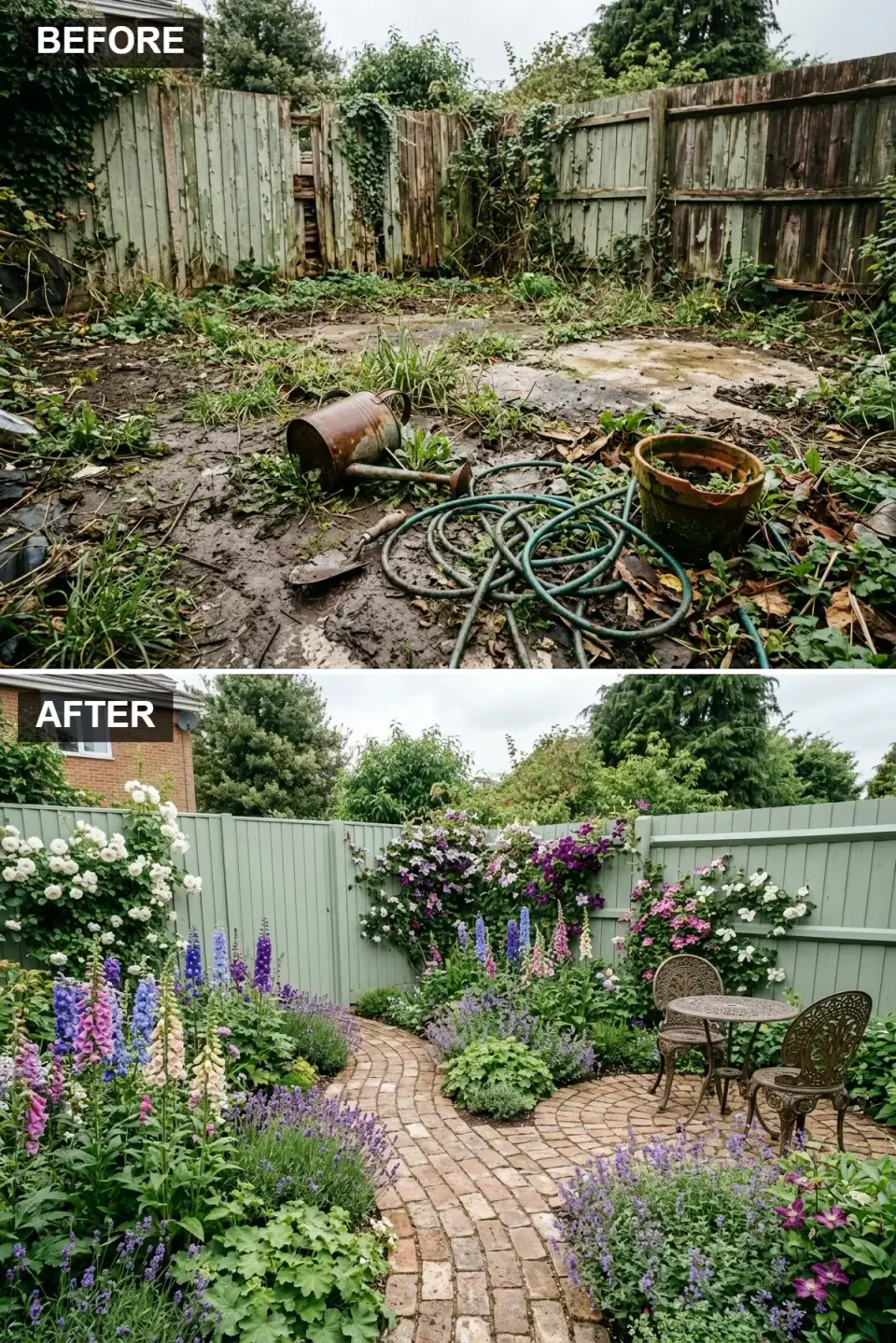 English cottage garden with soft sage green painted fence, winding aged brick path, bronze metal bistro set, and dense plantings of foxgloves, delphiniums, roses, clematis, and climbing cream roses