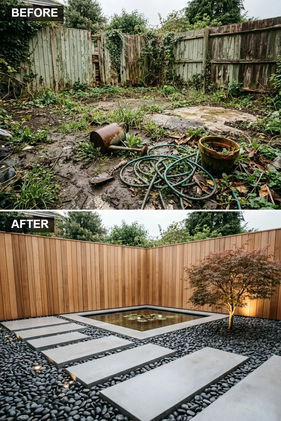 Minimalist zen backyard with vertical Western Red Cedar plank fence, central square reflecting pool bordered with concrete, bed of smooth black river pebbles, floating light concrete pavers, and a shaped Japanese maple tree