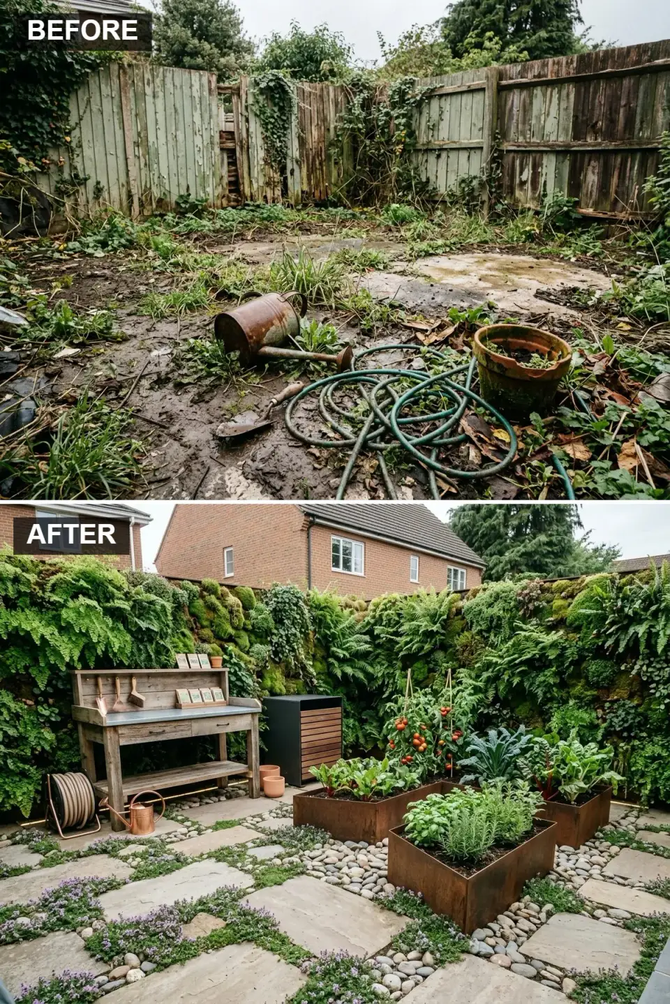 Backyard gardening workspace with lush living wall of ferns and foliage, rustic weathered oak potting bench with modern dark compost bin, three corten steel raised planter beds with vegetables and herbs, and natural flagstone and pebble path with creeping thyme