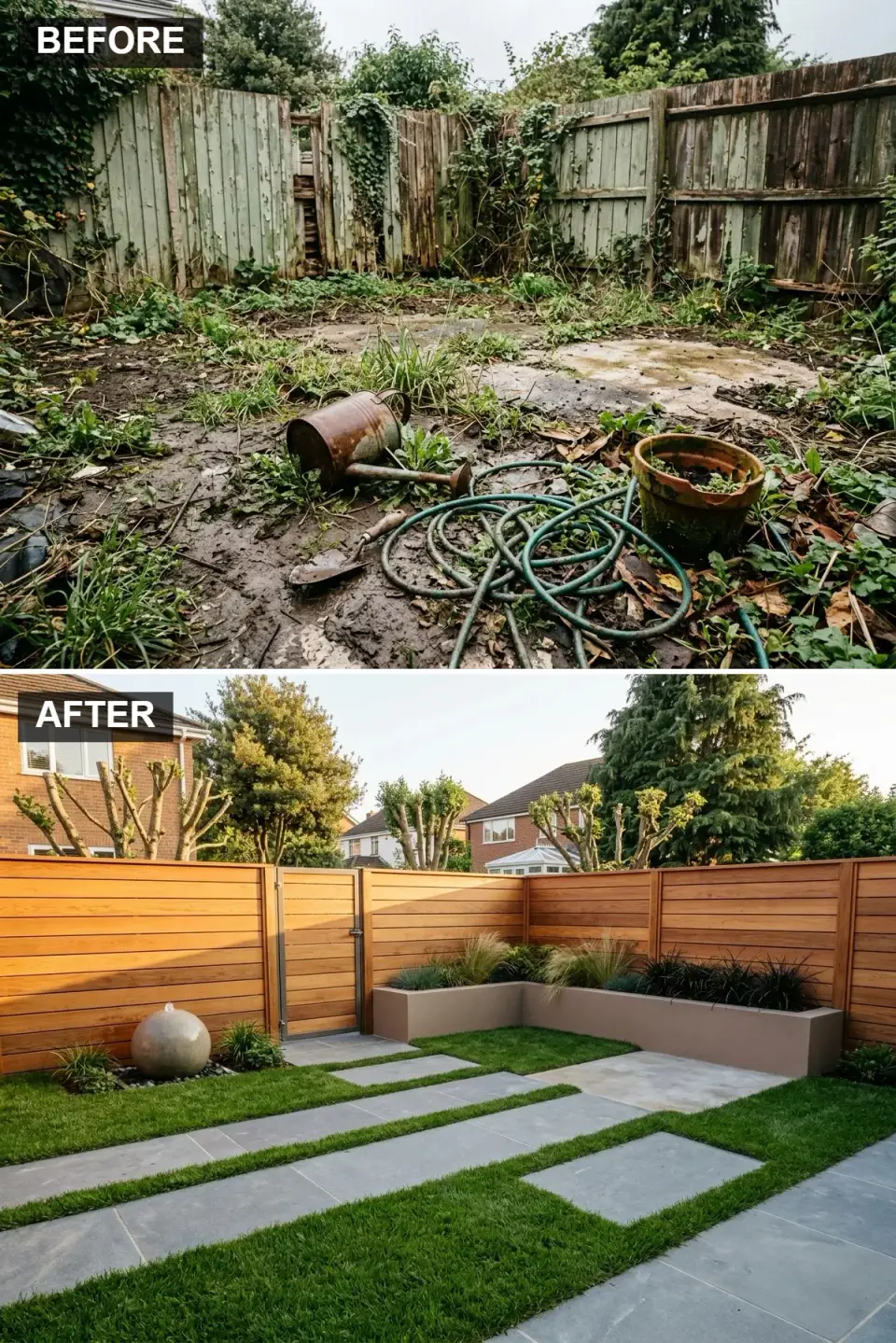 Modern geometric backyard with horizontal cedar plank fence and matching gate, rendered taupe concrete raised planter bed with ornamental grasses, spherical concrete water feature on black river pebbles, and geometric layout of lawn and large grey limestone pavers
